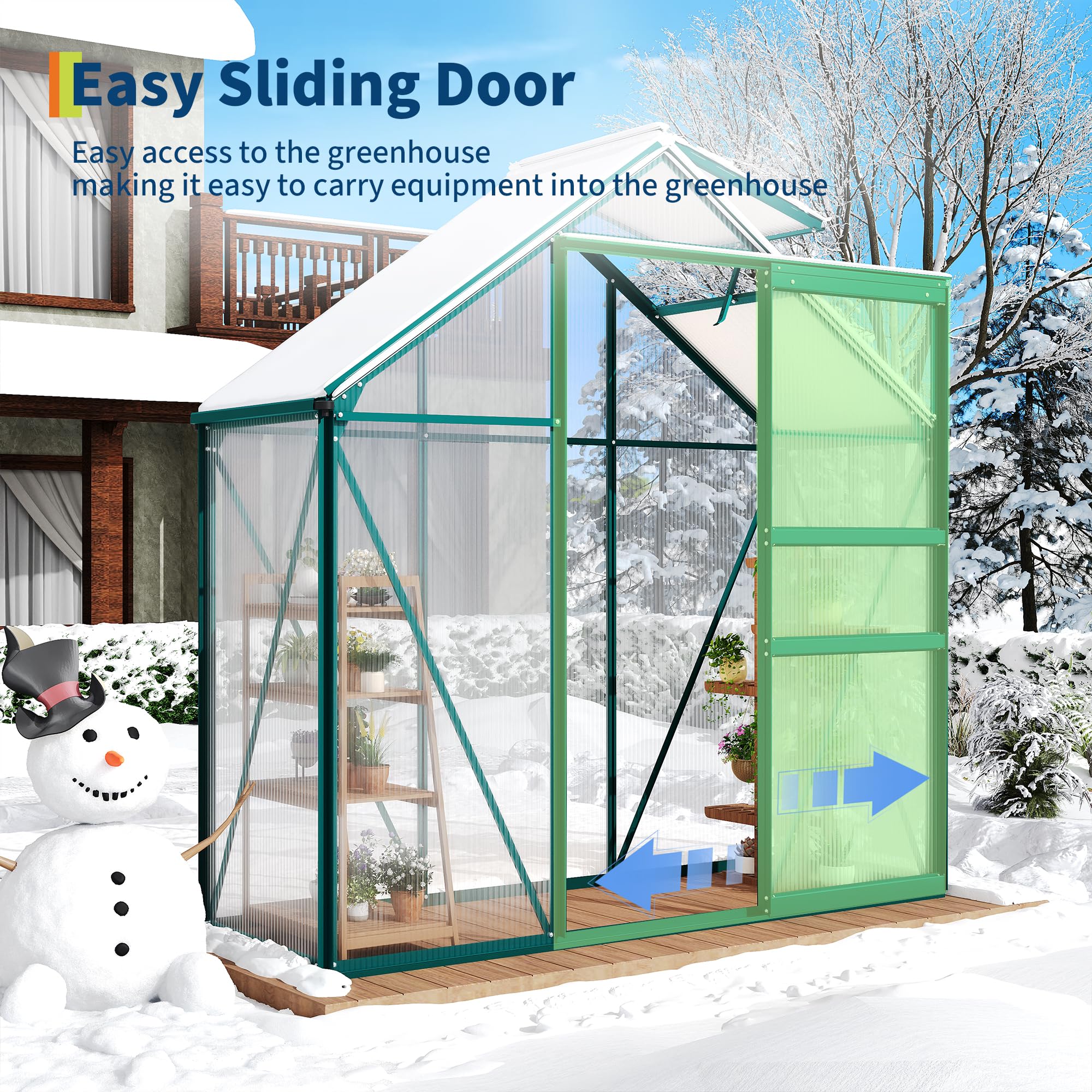 Garvee 6 × 3 FT Polycarbonate Greenhouse, 4 mm Double-Wall Panels, 99% UV Protection, Aluminum Walk-In Greenhouse with Roof Vent, Sliding Door and Rain Gutters, Green