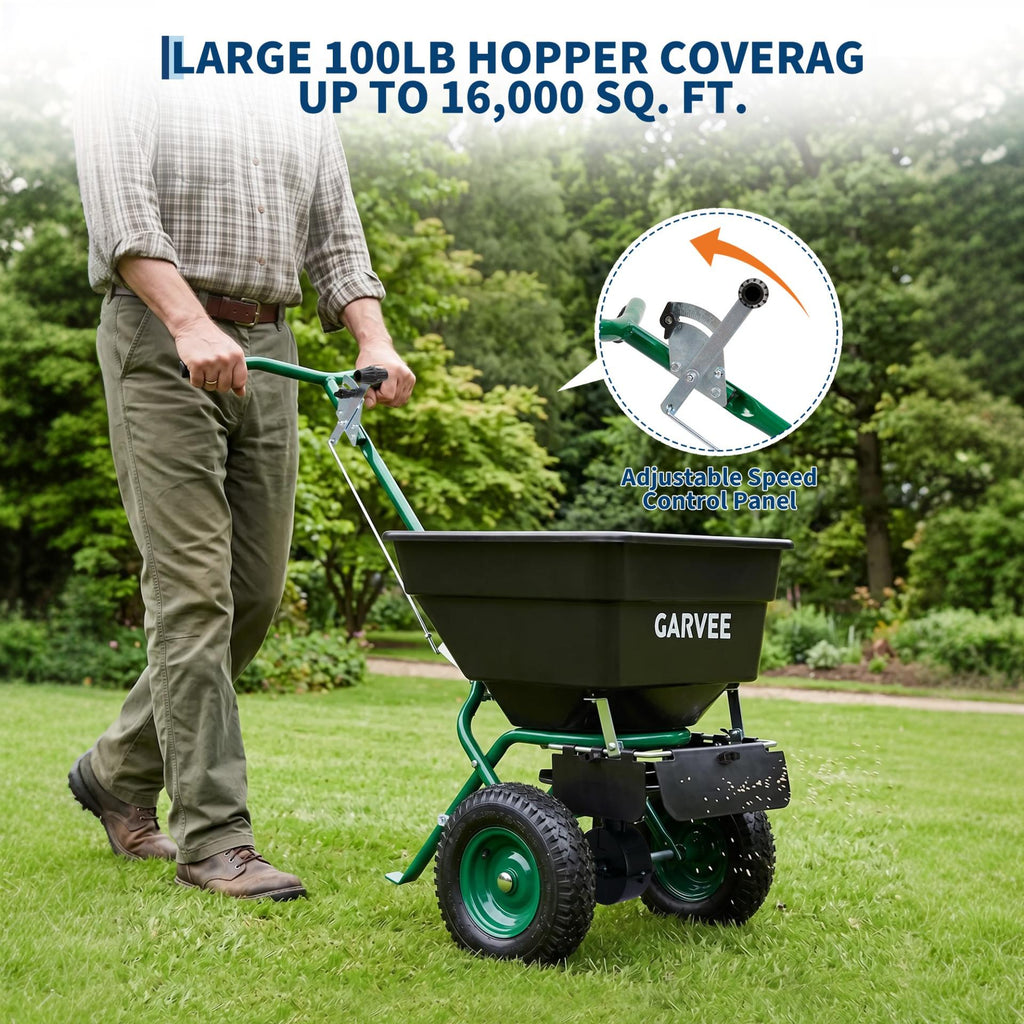 Garvee 100 lb Push Broadcast Spreader with 12' Spread Width, Adjustable Drop Rate, 10" Pneumatic Tires, Rain Cover & Gloves for Seed, Fertilizer, Salt and Ice Melt, Black & Dark Green