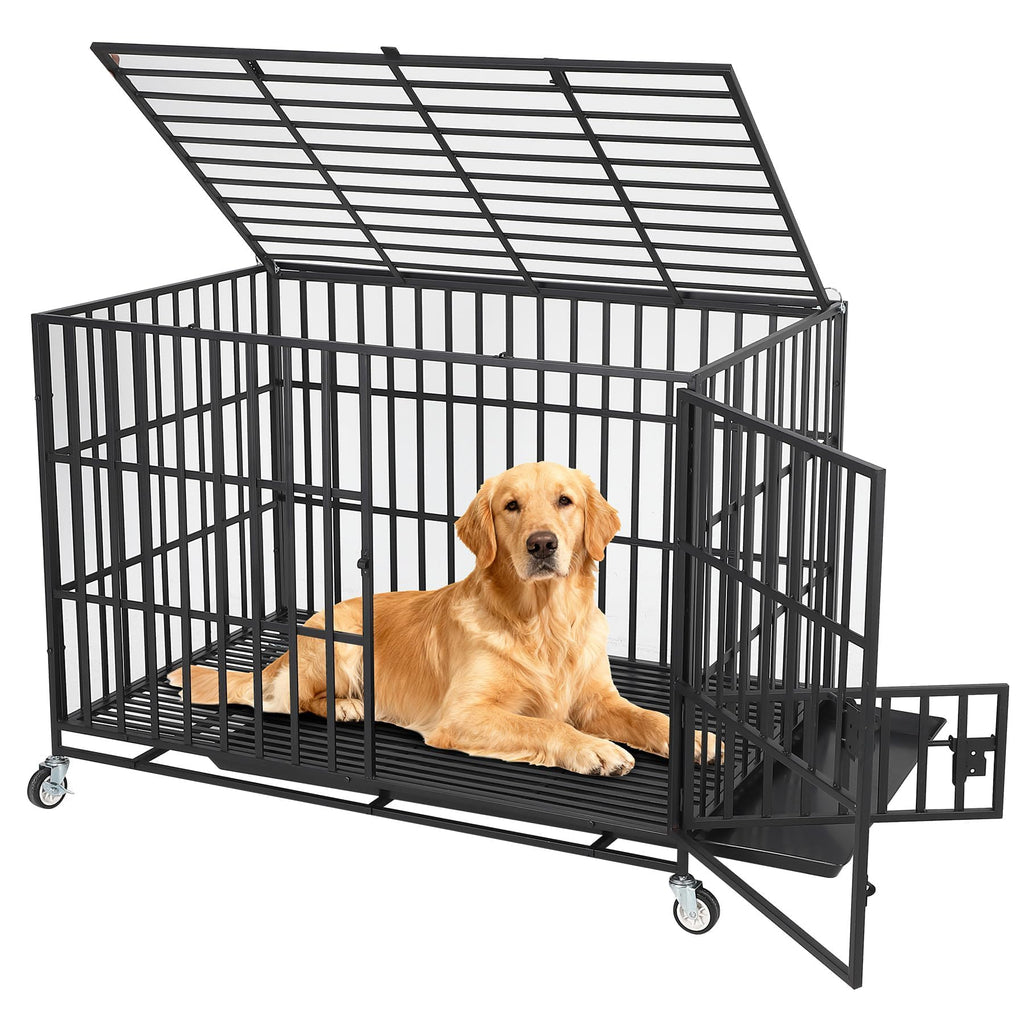 Garvee Heavy Duty Escape-Proof Dog Crate 49", Indestructible Metal Dog Kennel for Large Dogs, 3-Door Locking Design, Removable Tray & Wheels, Indoor Cage, Black