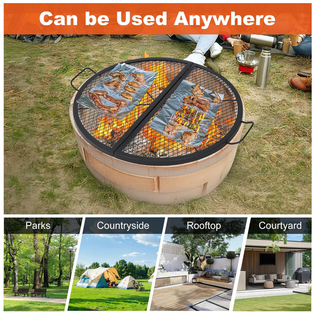 Garvee 36-inch Round Foldable Fire Pit Grate, 44lbs Load Capacity Heavy Duty Carbon Steel Grill Grate with Handles, 1112°F Heat Resistant Cooking Mesh for Outdoor Camping, Black