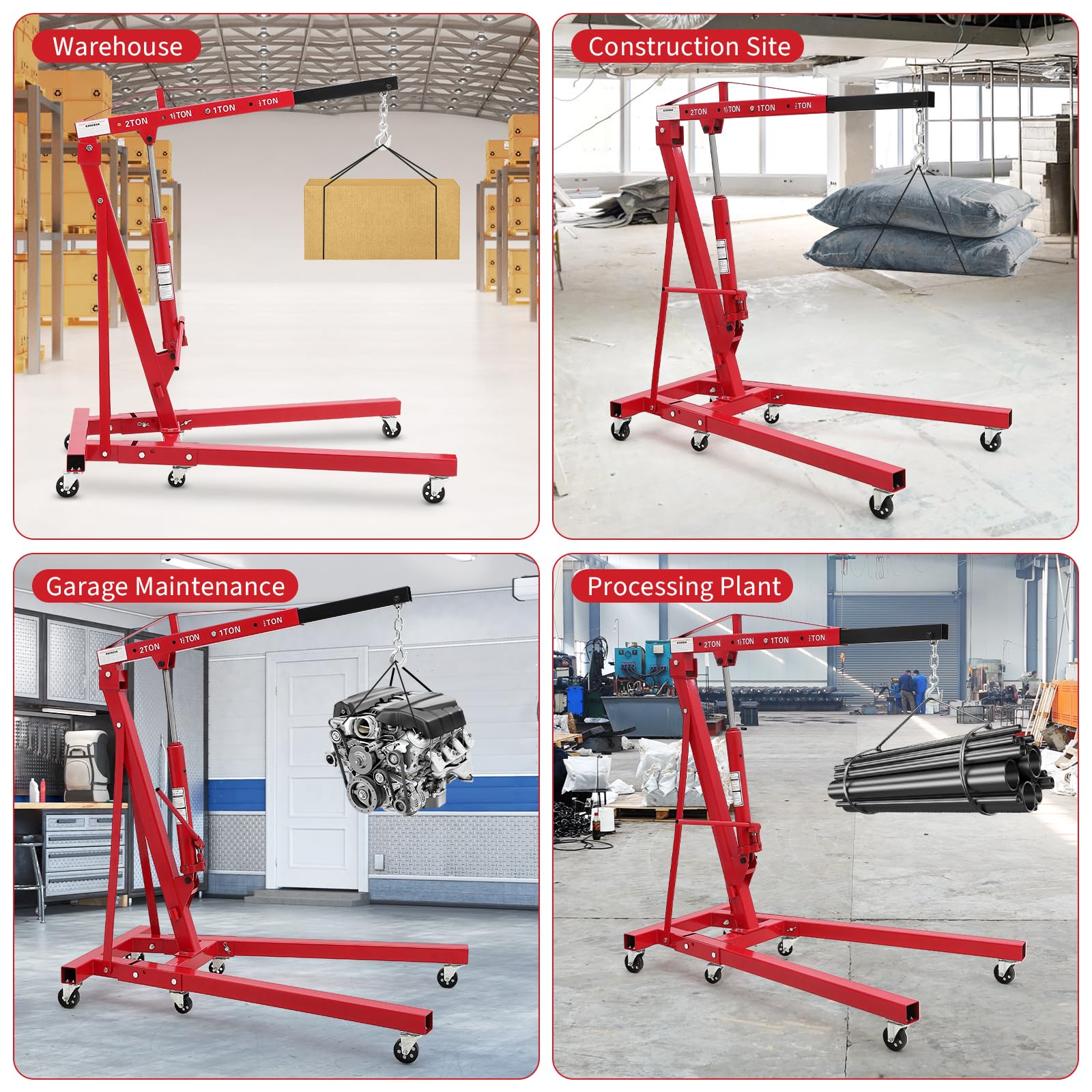 Garvee 2 Ton Hydraulic Engine Hoist - Folding Cherry Picker Crane with Adjustable Telescoping Boom - 4400 LBS Capacity, 6 Swivel Caster Wheels - Heavy Duty for Garage, Workshop, Warehouse – Red without Load Distributor, 2T