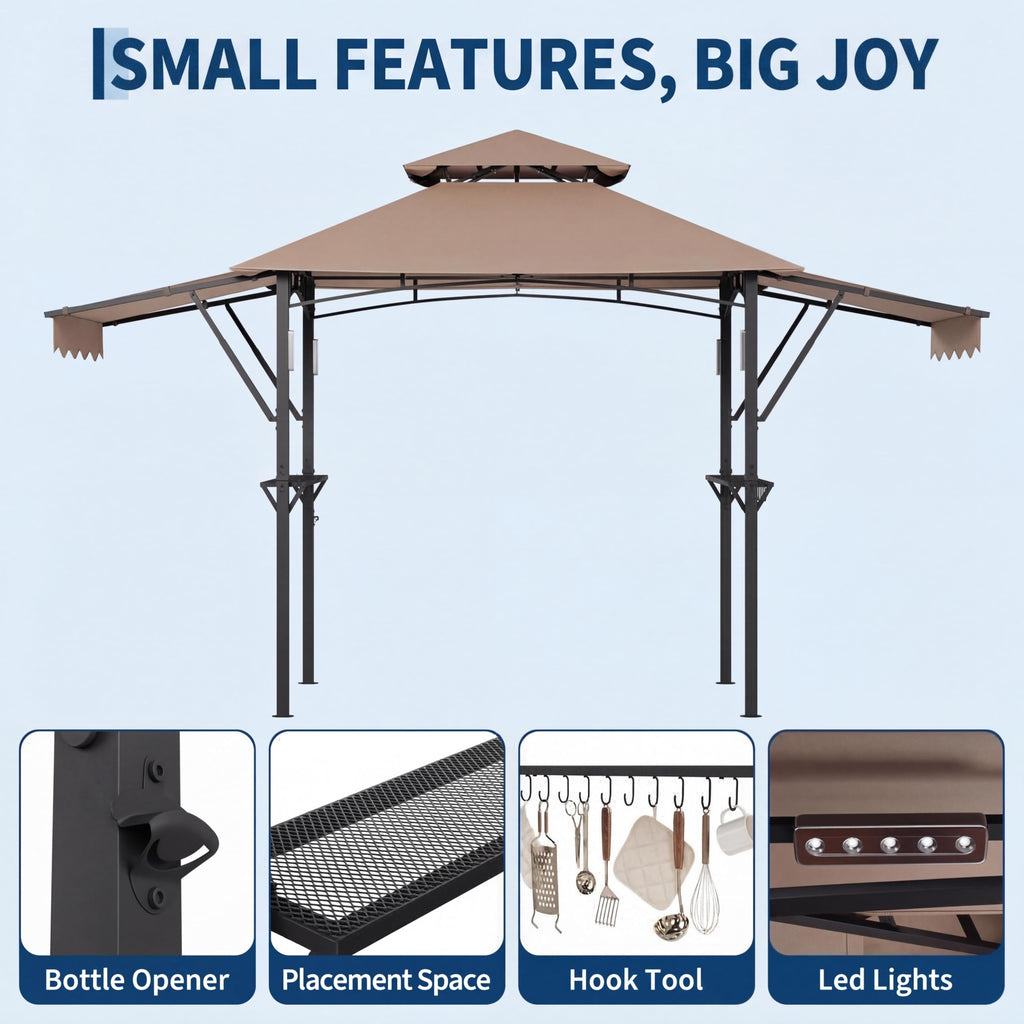 Garvee 8' × 5' Grill Gazebo with Dual Adjustable Awnings, 2-Tier Ventilated Canopy, Steel Frame, 2 Shelves & 7 Hooks, Khaki