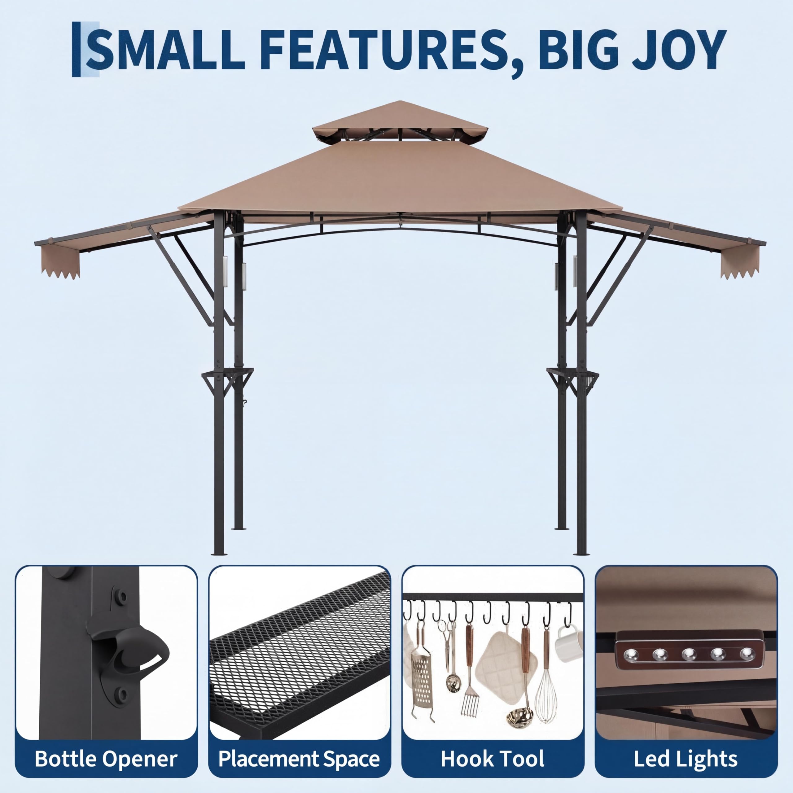Garvee 8' × 5' Grill Gazebo with Dual Adjustable Awnings, 2-Tier Ventilated Canopy, Steel Frame, 2 Shelves & 7 Hooks, Khaki