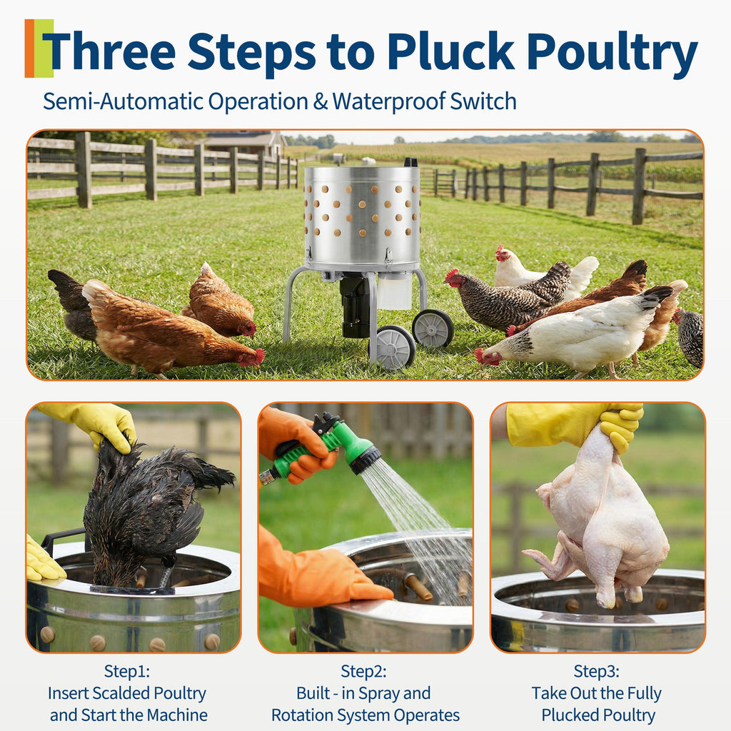 Garvee Powerful 20" Stainless Steel Chicken Plucker – 108 Soft Fingers, 500W Motor, Efficient Plume Removal, Easy Clean for Chickens, Ducks & Turkeys – Farm & Commercial Use Silver