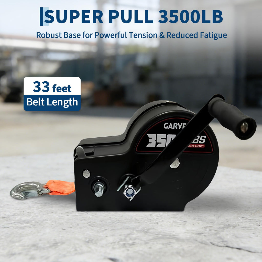 Garvee 3500 lbs Heavy-Duty Boat Trailer Winch - Hand Crank Winch with 33ft Strap, 4:1/8:1 Gear Ratio for Towing and Pulling Boats, Trailers, Trucks, RVs, ATVs, Jet Skis, and Off-Road Recovery, Orange