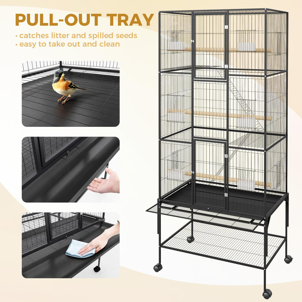 Garvee Spacious 69-Inch Extra Large Metal Bird Cage – Rolling Stand, Flight Aviary for Parrots, Cockatiels, Conures, Parakeets, Budgies, Finches – Detachable Tray, Easy Cleaning – Black