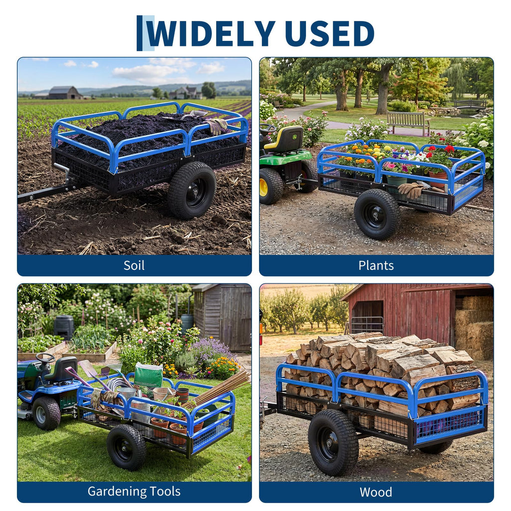 Garvee Blue Dump Cart, 1500 lbs 15 Cu Ft Heavy Duty Steel Garden Utility Trailer with Removable Sides, Quick Release & Pneumatic Tires for Lawn Mower, ATV, UTV, Tractor