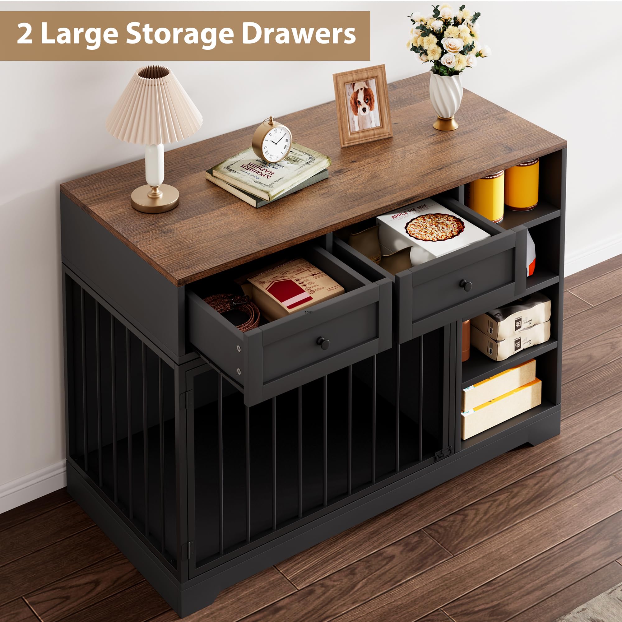 Garvee 47" Dog Crate Furniture Indoor with 2 Drawers & 4 Shelves, Large Dogs Kennel Furniture TV Stand, Wooden Dog Cage for Large Medium Dogs, Black