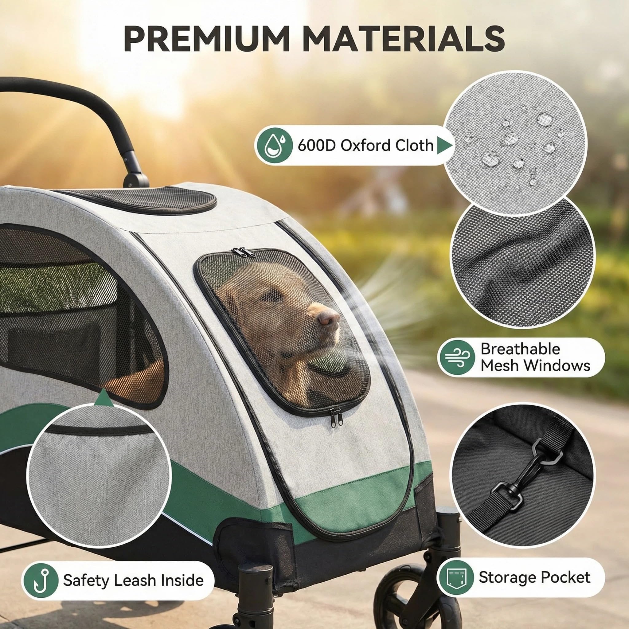 Garvee Foldable Dog Stroller, Large Dog Carrier with 360° Wheels, Adjustable Handle & Storage Pocket, Portable Puppy Travel Strollers, Pet Wagon for Large Dogs, 135 Lbs Capacity, Green