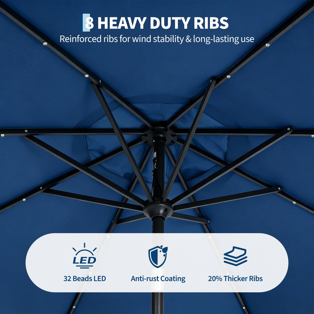 Garvee 9 FT Solar LED Patio Umbrella, Outdoor Market Table Umbrella with Tilt & Crank, 32 Lights, 8 Iron Ribs, UV Sun Shade for Garden, Deck & Pool, Navy Blue