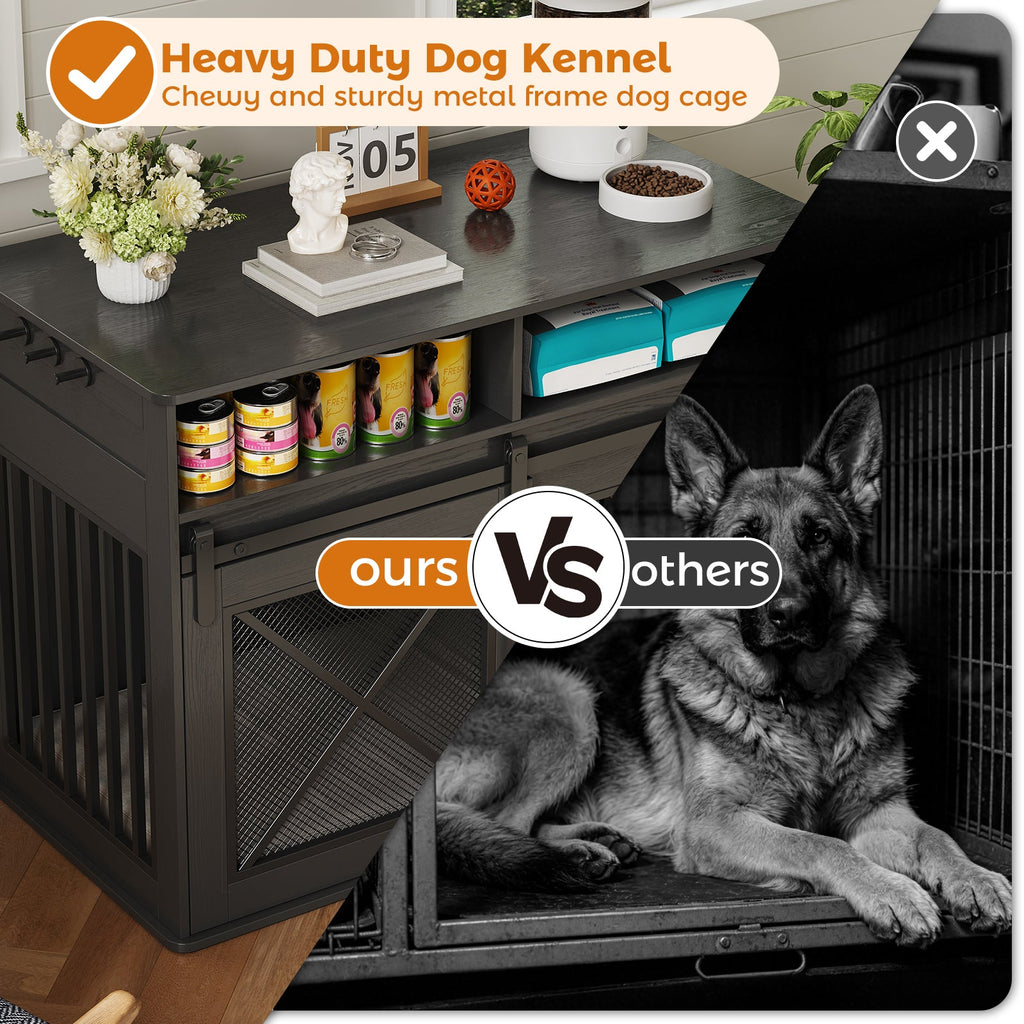 Garvee 44.5 Inch Large Dog Crate Furniture with 2 Storage Self, Wooden Dog Kennel Furniture As End Table, Decorative Pet Cage Dog House Indoor for Medium/Large Dogs, Chew-Proof, Black