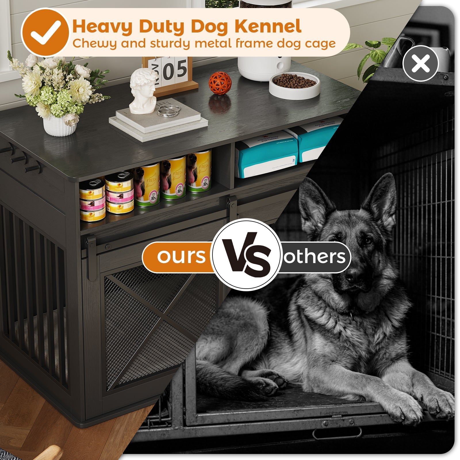 Garvee 44.5 Inch Large Dog Crate Furniture with 2 Storage Self, Wooden Dog Kennel Furniture As End Table, Decorative Pet Cage Dog House Indoor for Medium/Large Dogs, Chew-Proof, Black