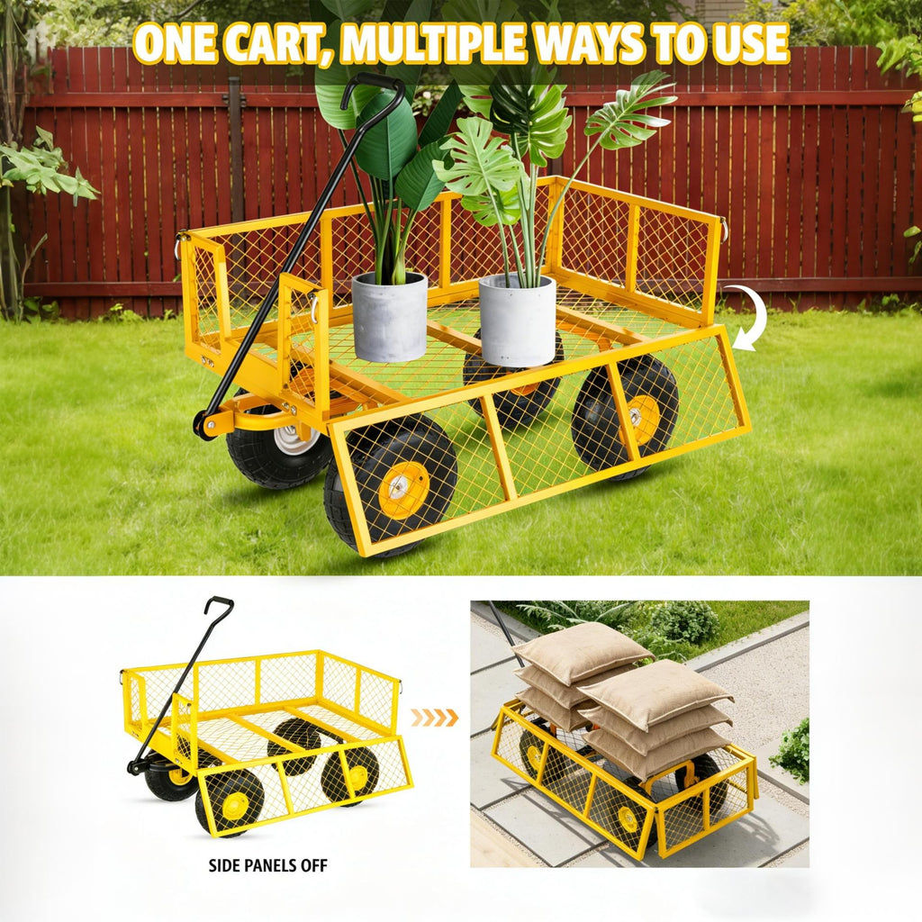 Garvee 500 lbs Steel Garden Cart with Removable Mesh Sides, 3-in-1 Utility Wagon with 180° Rotating Handle and 10" Wheels for Yard, Lawn, Gardening and Outdoor Hauling, Yellow