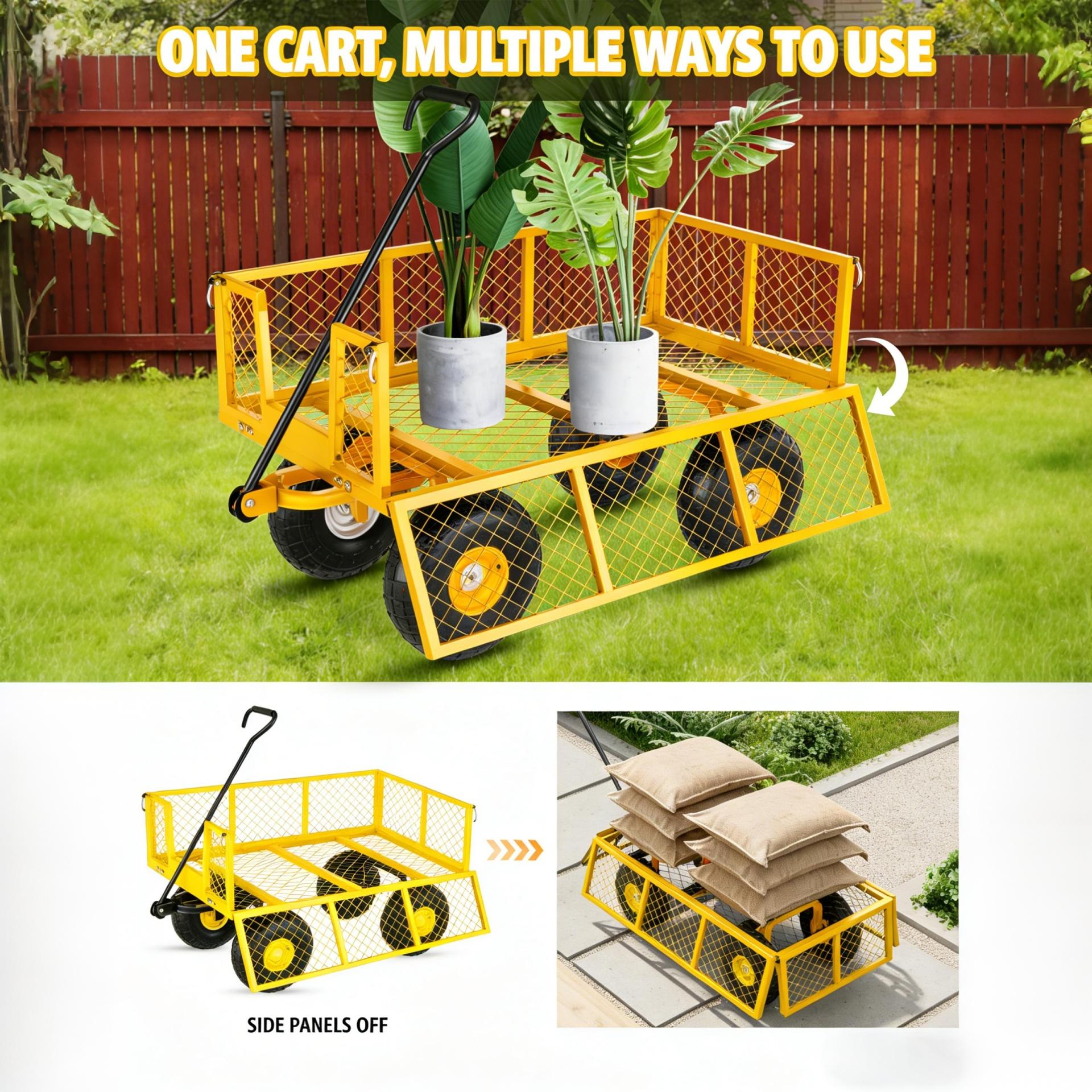 Garvee 500 lbs Steel Garden Cart with Removable Mesh Sides, 3-in-1 Utility Wagon with 180° Rotating Handle and 10" Wheels for Yard, Lawn, Gardening and Outdoor Hauling, Yellow