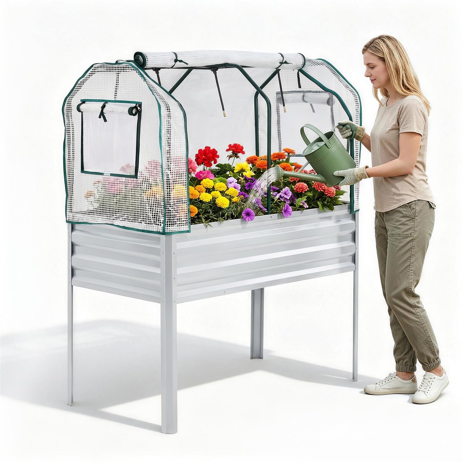 Garvee Elevated Raised Garden Bed, 48 x 24 x 56-Inch Galvanized Metal Planter with Greenhouse Cover, Bird Net and 4 Plant Signs for Patio Gardening, Silver