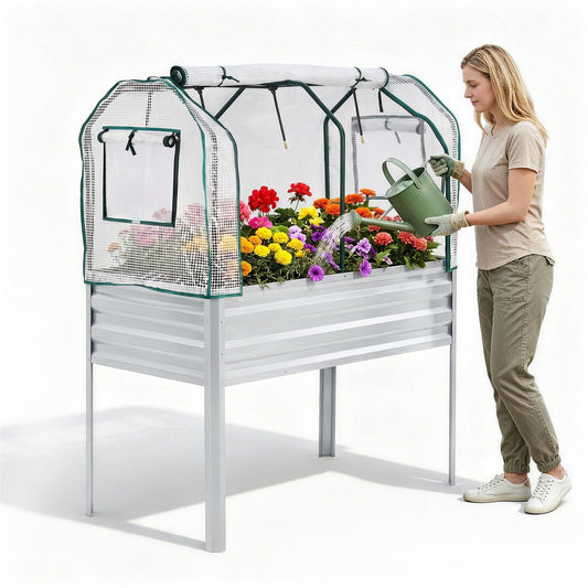 Garvee Elevated Raised Garden Bed, 48 x 24 x 56-Inch Galvanized Metal Planter with Greenhouse Cover, Bird Net and 4 Plant Signs for Patio Gardening, Silver