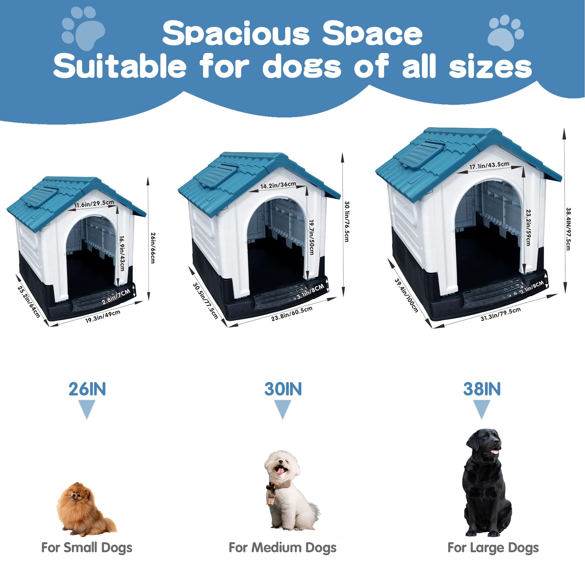 Garvee Large Dog House Outdoor with Air Vents and Elevated Floor for Medium Large Dogs, Plastic Waterproof Doghouse Sloping Roof, Easy Clean and Assemble, Blue