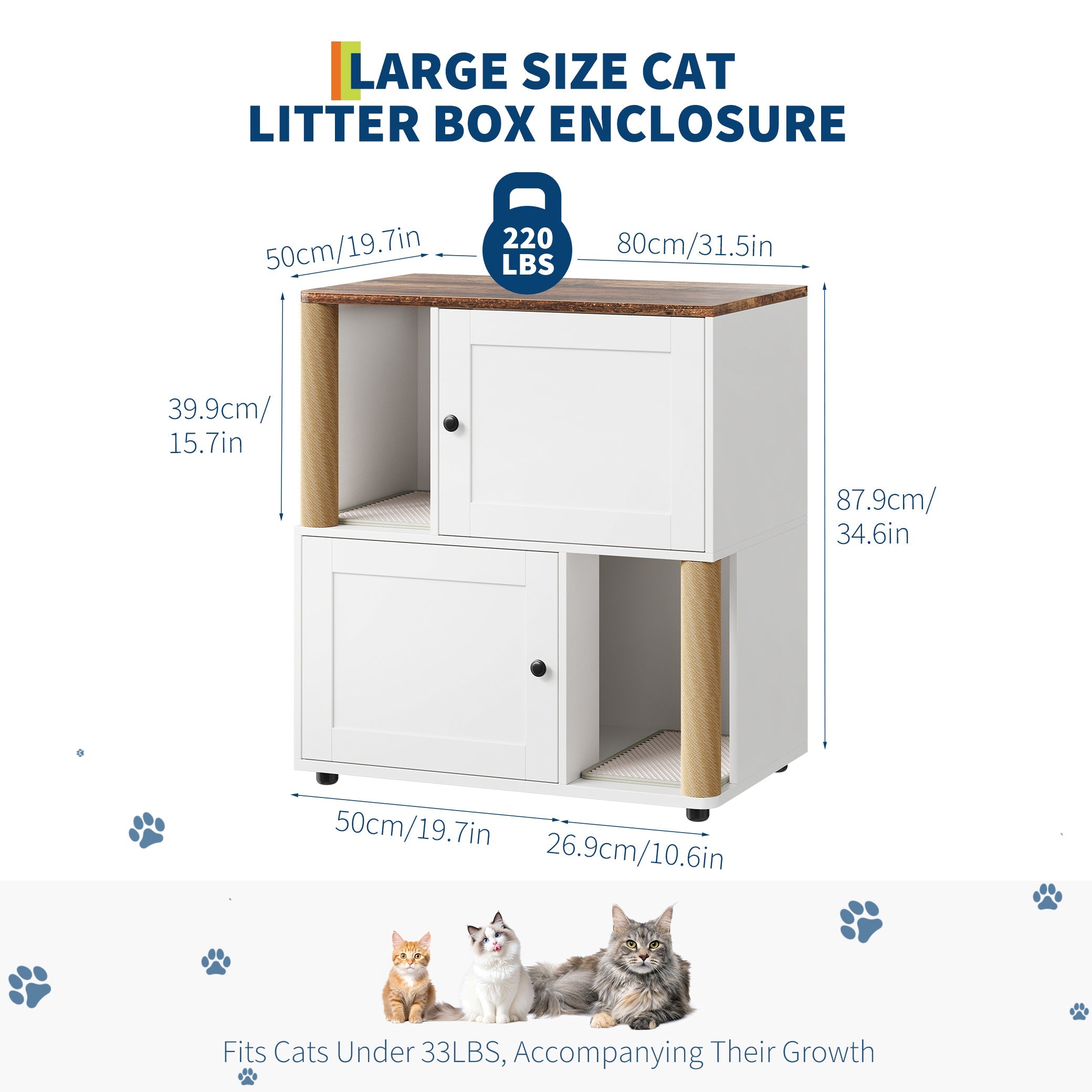 Garvee Double Cat Litter Box Enclosure for 2 Cats – 2-Tier Wooden Cabinet with Marking Post, Litter Mat, Enclosed Litter Box Furniture, Hidden Pet Storage – Basic White Model