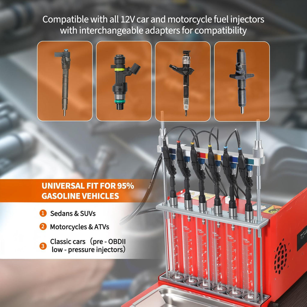 Garvee Fuel Injector Tester & Cleaner, 2-in-1 100W Ultrasonic, Resistance/Flow/Pulse Test, Adjustable 0.1-25ms Pulse Width, for 6 Cylinder Gasoline Engines, Auto Repair Tool