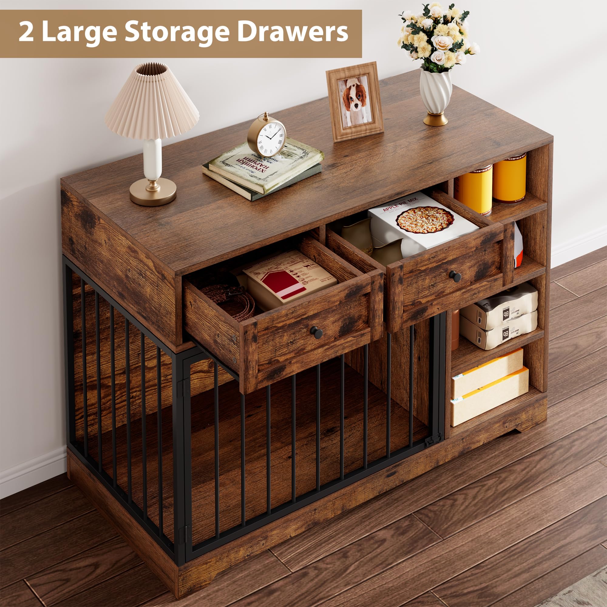 Garvee 47" Dog Crate Furniture Indoor with 2 Drawers & 4 Shelves, Large Dogs Kennel Furniture TV Stand, Wooden Dog Cage for Large Medium Dogs, Brown
