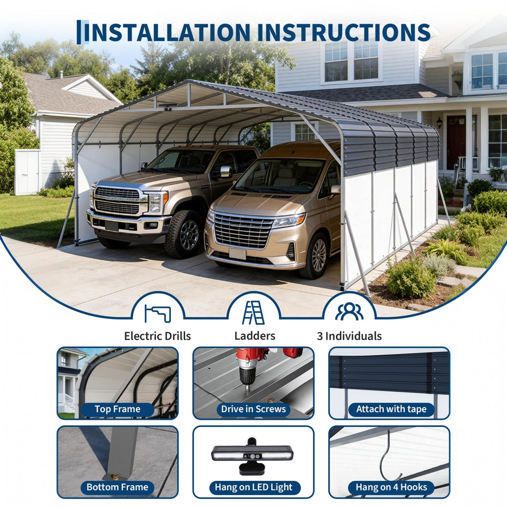 Garvee 20 x 25 FT Heavy Duty Metal Carport, 500 Sq Ft 2-Car Garage Canopy with Galvanized Steel Roof, Removable PE Sidewalls & LED Light for Trucks, Boats and Outdoor Events
