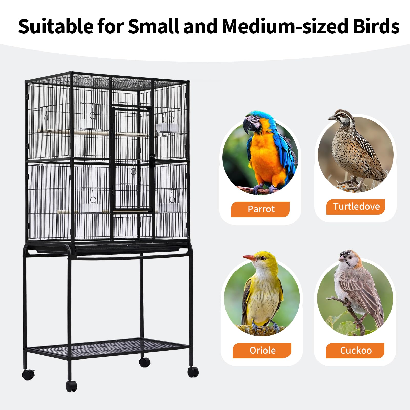 Garvee 62.6" Large Bird Cage, Parrot Bird Cage with Rolling Stand & Storage Shelf, Heavy Duty Wrought Iron Flight Cage, Secure Lock, Ideal for Parakeets, Parrots, Cockatiels, Conures, Lovebirds