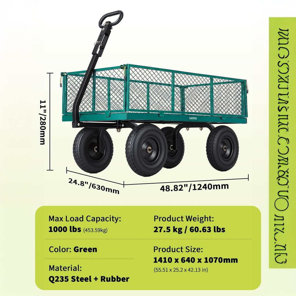 Garvee 1000LBS Heavy Duty Steel Garden Cart Wagon with 13" Pneumatic Tires, Removable Mesh Sides & Rotating Handle, Outdoor Utility Wagon for Garden, Lawn, Yard & Farm, Green