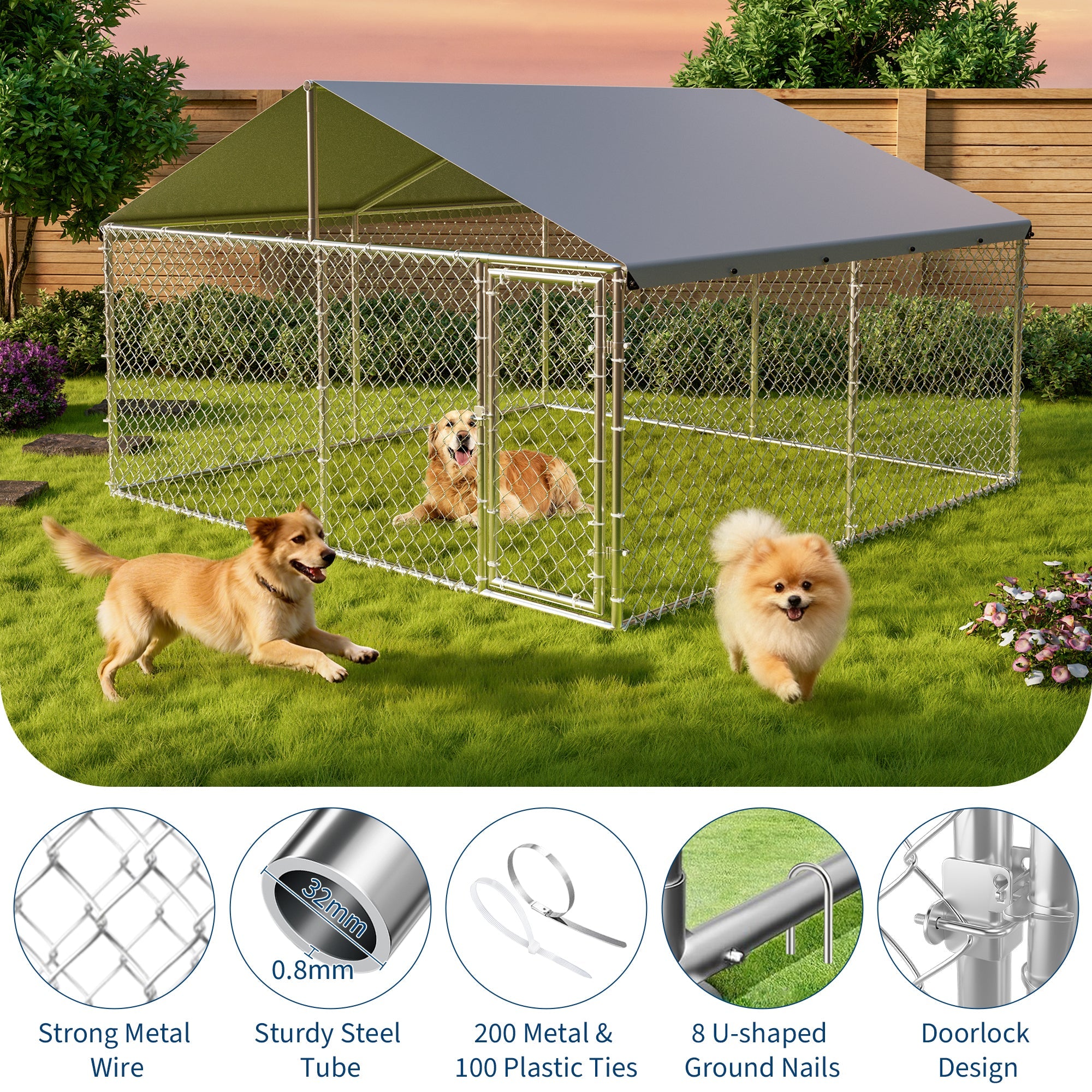 Garvee Large Outdoor Dog Kennel with Waterproof & UV-Resistant Cover, Galvanized Chain Link Dog Run, Heavy Duty Pet House Pet Playpen for Outside Backyard Farm Use, 10x10x6ft