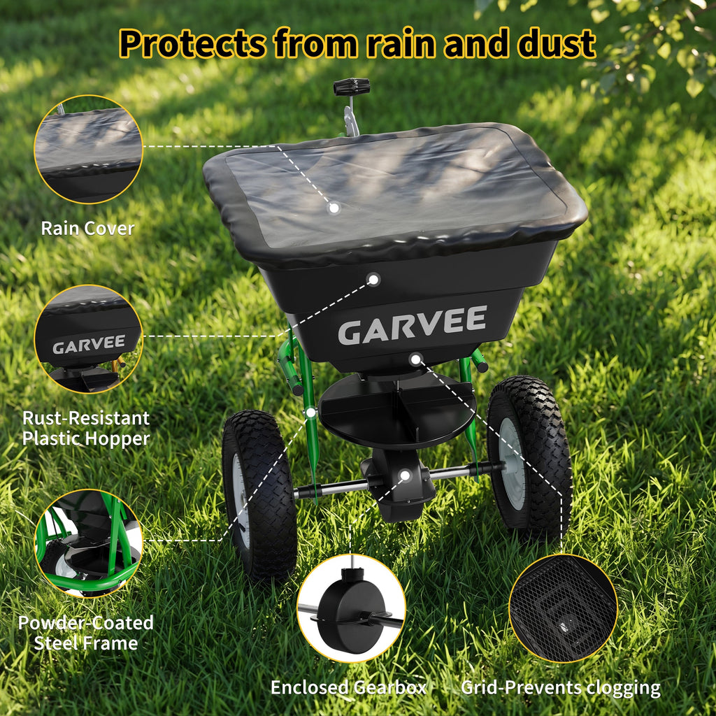 Garvee 85 lb Tow-Behind Broadcast Spreader with Adjustable Flow Control, 10-Inch Pneumatic Tires, Steel Frame & Universal Hitch for Seed, Fertilizer, Salt and Ice Melt, Black & Green