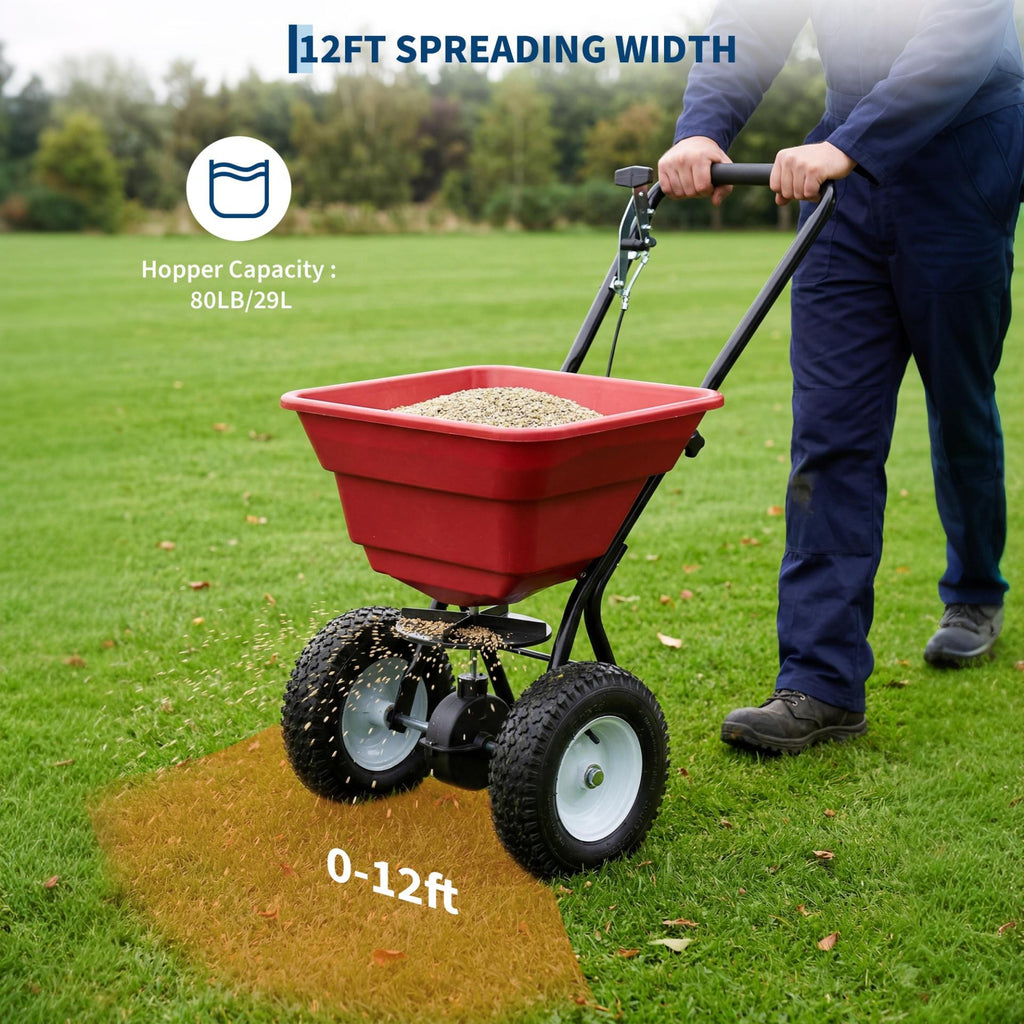 Garvee 80 lb Push Broadcast Spreader, Walk-Behind Lawn & Garden Spreader with 29 L Hopper, 0–12 ft Coverage, 13" All-Terrain Wheels & 20-Level Flow Control for Seed, Fertilizer, Salt & Ice Melt, Red