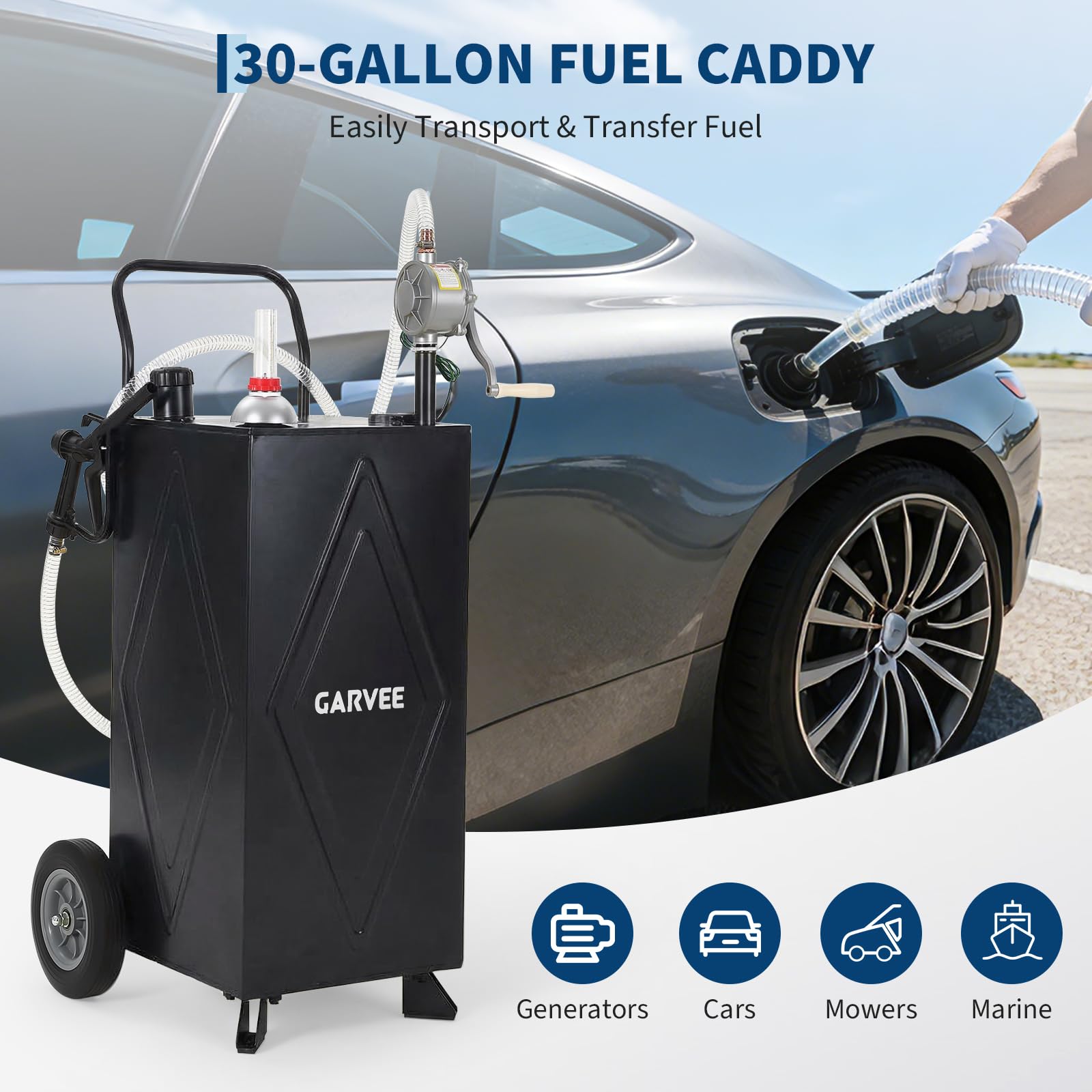 Garvee 35 Gallon Portable Fuel Gas Caddy Storage Tank – Reinforced 2-Wheel, 2-Support Design, Manual Rotary Pump, Fuel Hose, Wide Fill Neck, Level Gauge, Grounding Clamp – Mobile Gasoline/Fuel Transfer for ATV, Tractor, Lawn Mower, Car, Boat – Reinforced