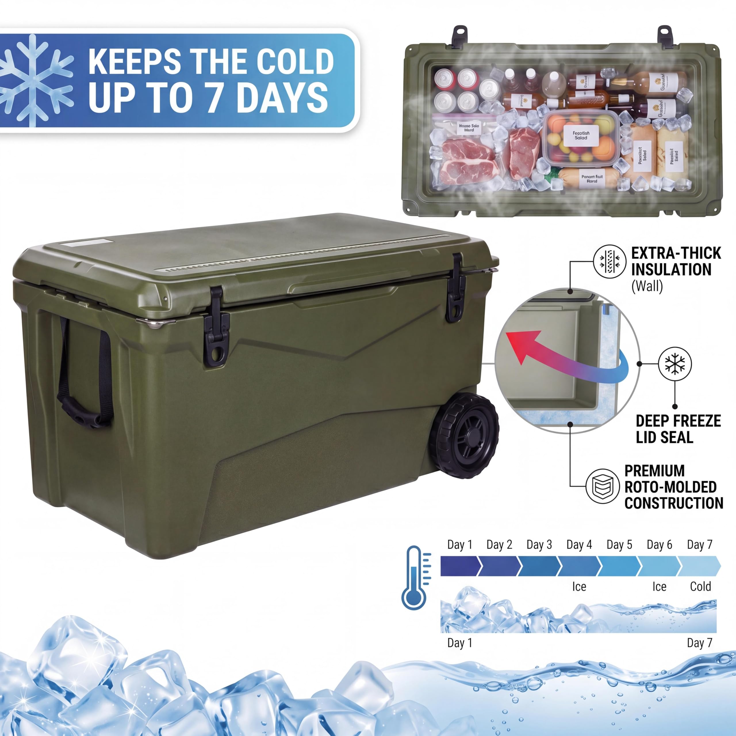 Garvee Extra-Thick Insulated Rolling Camping Cooler 110qt with Wheels - Large Portable Ice Chest Keeps Ice Up to 7 Days - For Food, Drinks, Beach, Picnic, Fishing, Boating - Military Grass Green - KUER-C-110 Military Grass Green GY06