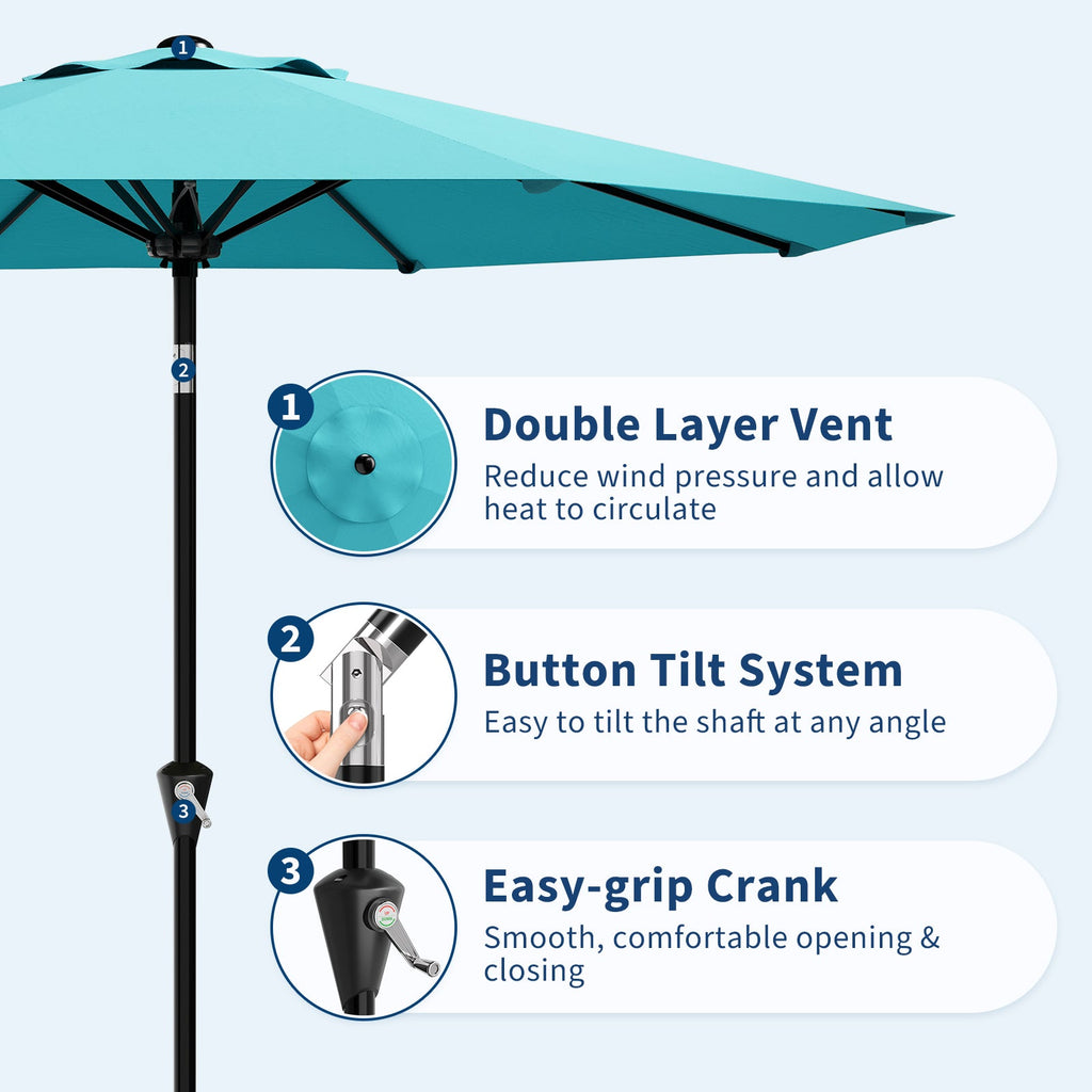 Garvee 9FT Sky Blue Patio Umbrella for Outdoor Table - Market Parasol with Crank Lift, Push Button Tilt, UV Protection Waterproof Canopy, 8 Sturdy Iron Ribs, Wind Resistant, Sun Shade for Pool, Deck, Garden, Yard