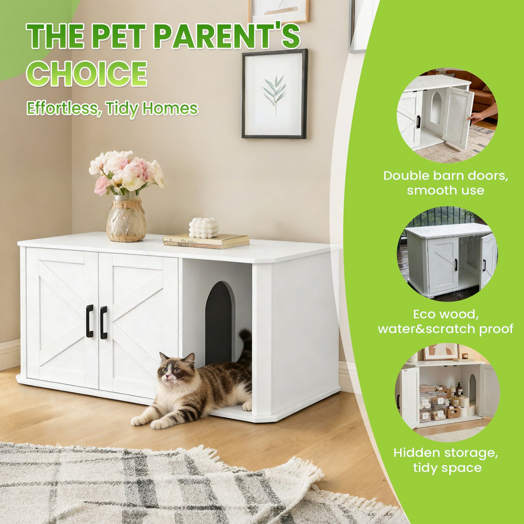 Garvee Modern Wooden Cat Litter Box Furniture – Double-Door Hidden Washroom Cabinet with Side Entry – Easy to Clean, Odor Control – Spacious Cat House End Table – White