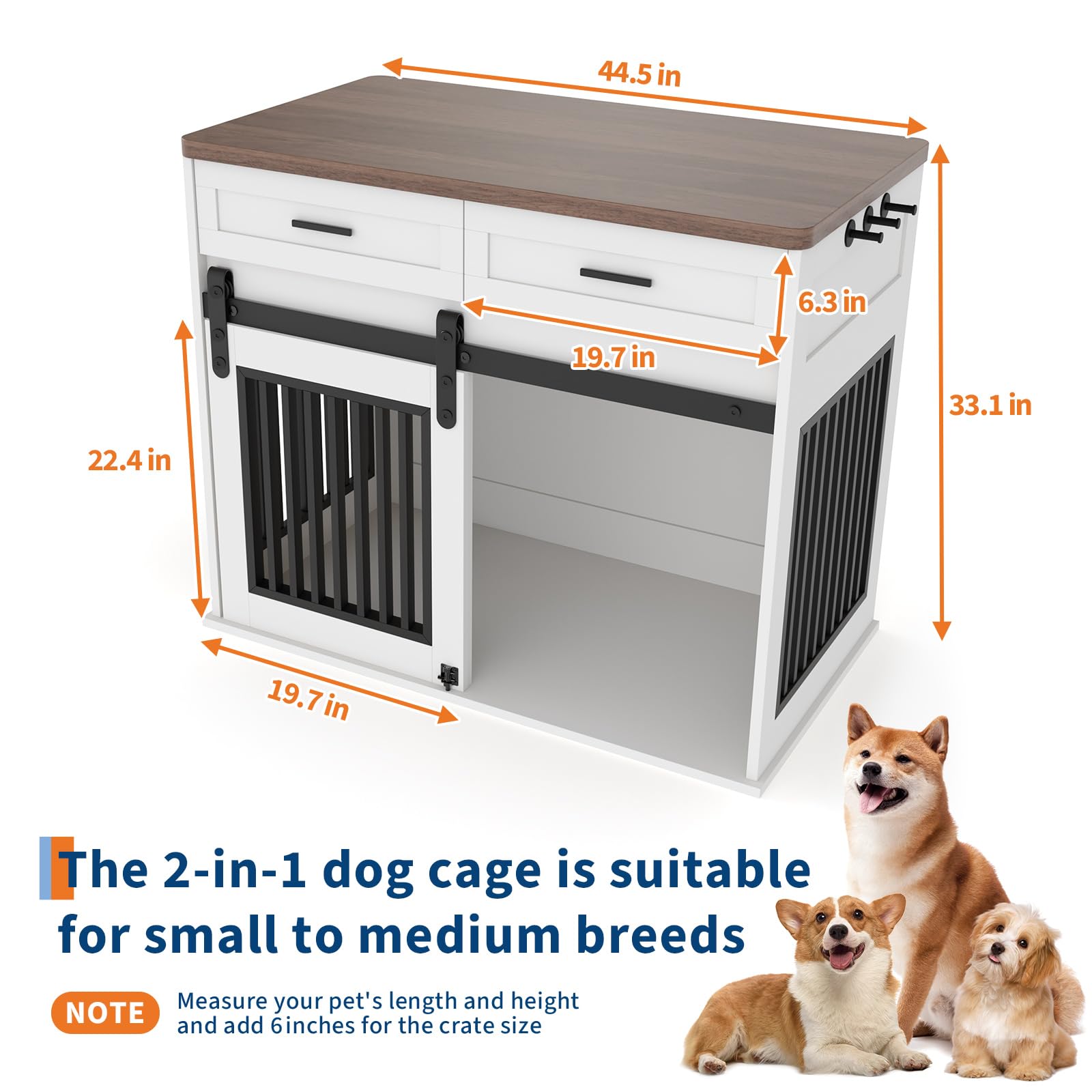 Garvee Heavy Duty Wooden Dog Crate Furniture with Sliding Barn Door and 2 Storage Drawers, Indoor Dog Kennel End Table with Hook, Farmhouse Style Dog Crates for Medium/Large Dogs, White