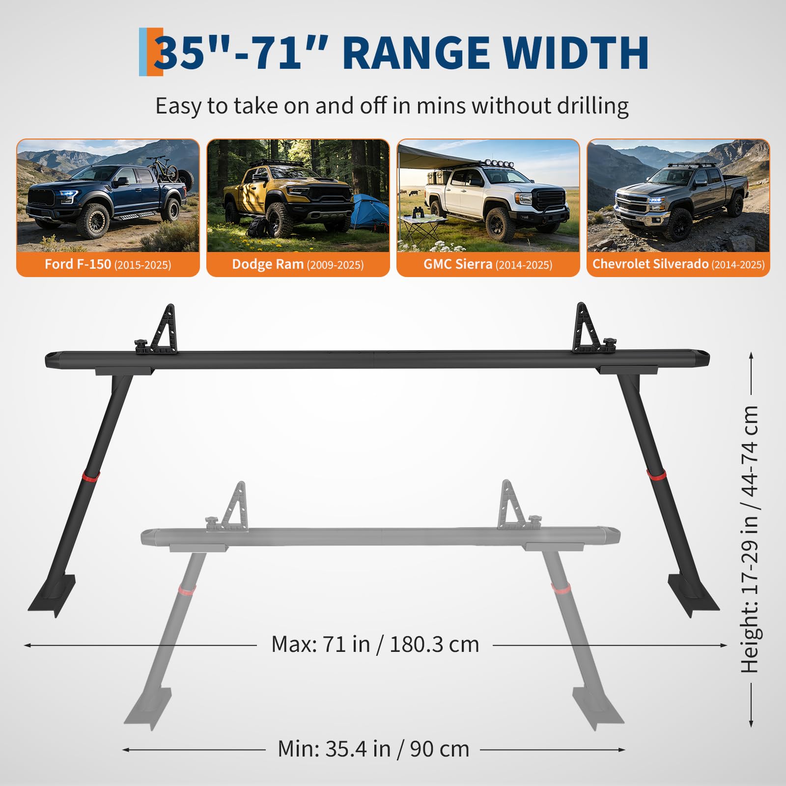Garvee Adjustable Aluminum Truck Rack 35.4–71", 800 lbs Capacity Two-Bar Ladder Rack with 8 No-Drill C-Clamps, Heavy-Duty Pickup Bed Support for Kayak, Surfboard, Lumber & Ladders - Black