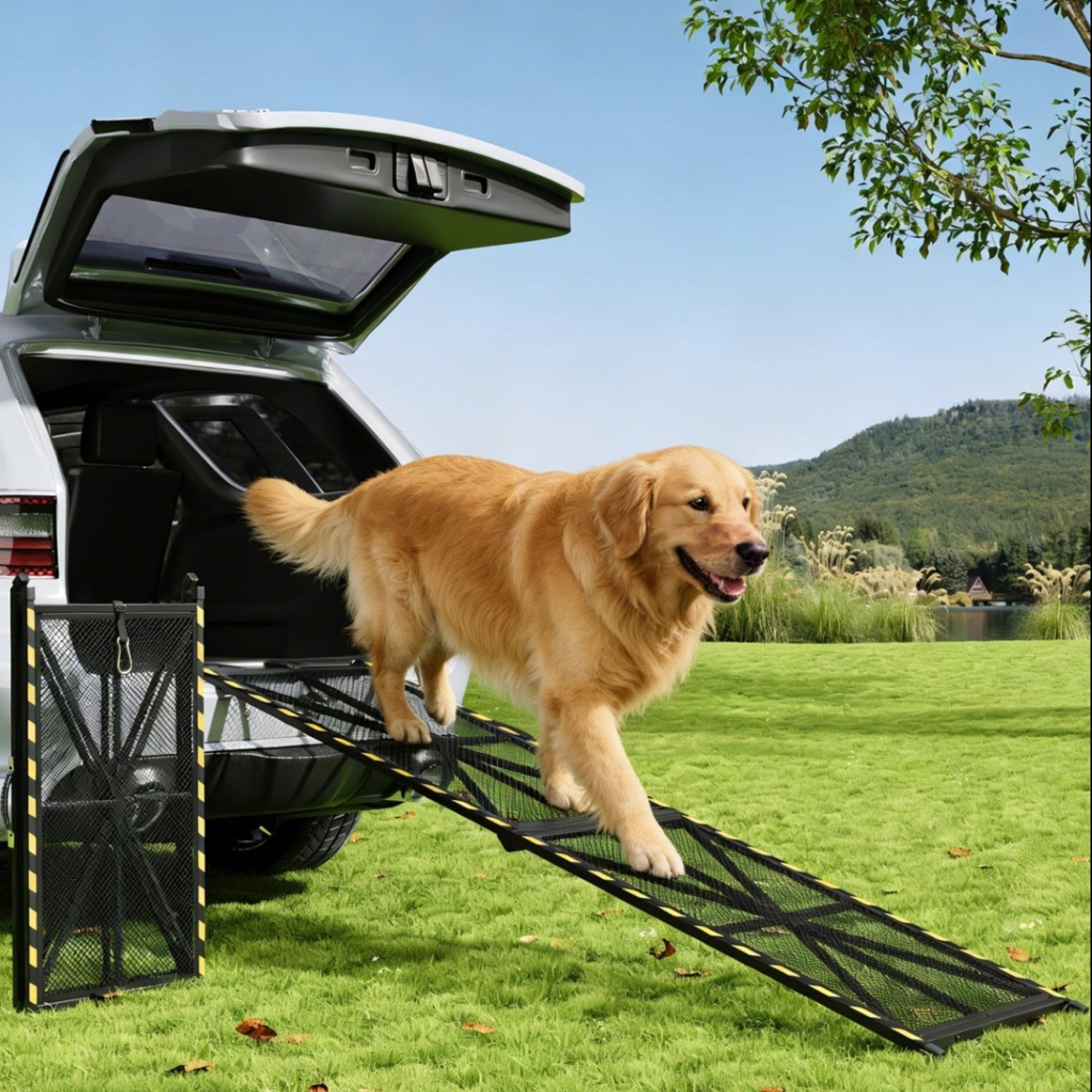 Garvee Heavy Duty Portable Steel Dog Ramp for Cars, 63"×17" Wide Folding Pet Ramp for Large Dogs with Anti-Slip Mesh Incline Access Car Ramp for SUV/Truck/RV, Outdoor Dog Ramp 300 lbs Capacity
