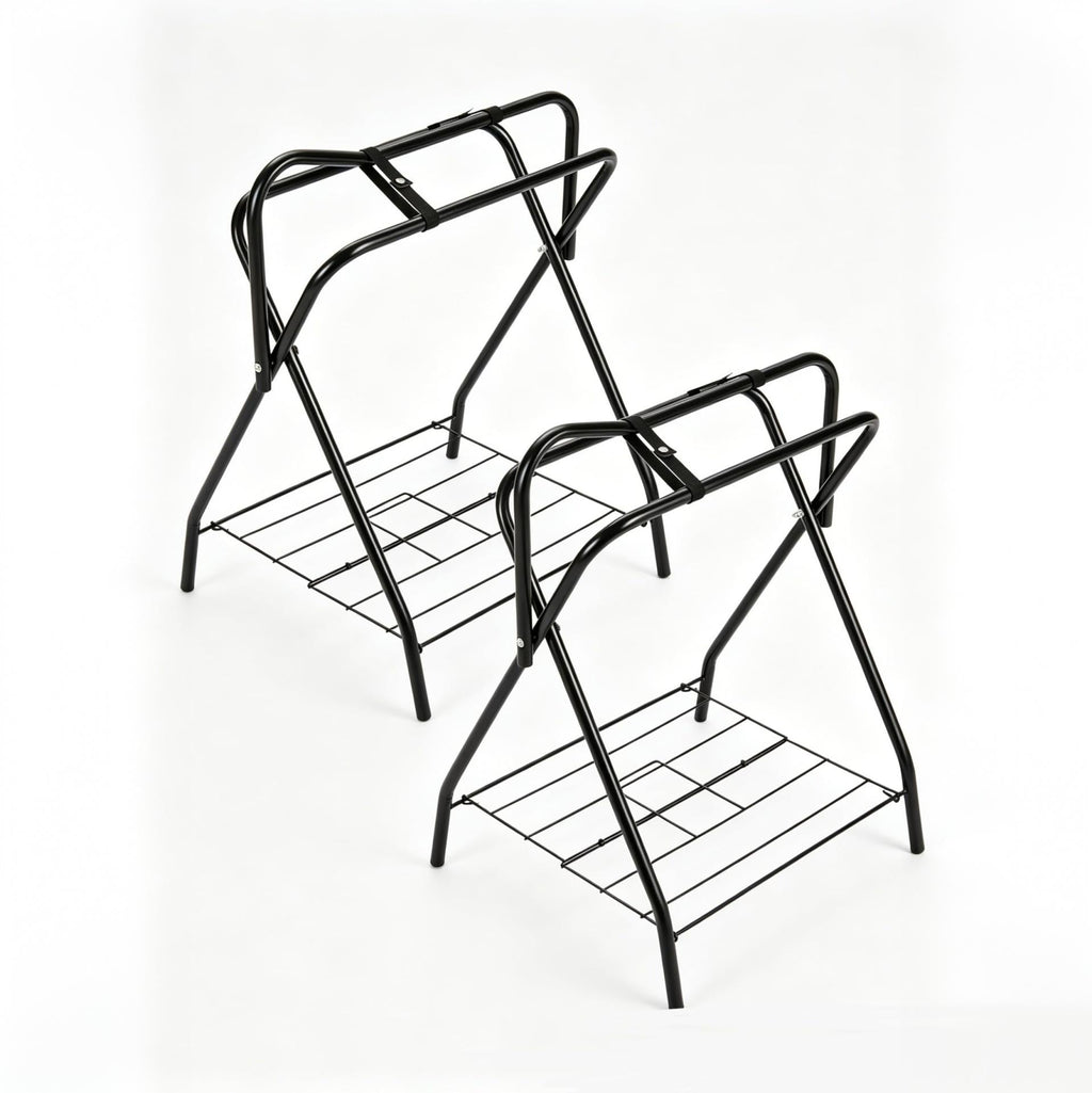 Garvee Heavy Duty Collapsible Saddle Rack with Storage Shelf (2-Pack) - Freestanding Steel X-Frame Stand for English & Western Saddles, Horse Tack, and Blanket Organizer, Matte Black