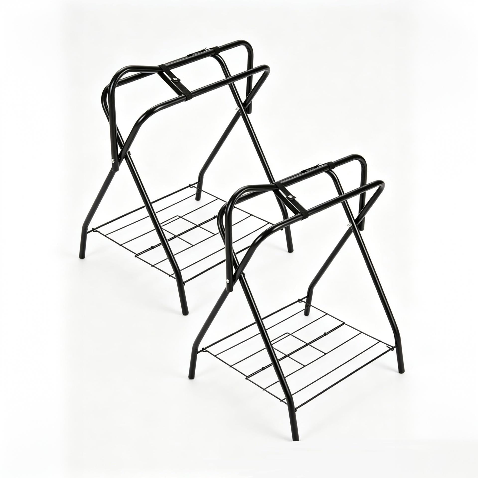 Garvee Heavy Duty Collapsible Saddle Rack with Storage Shelf (2-Pack) - Freestanding Steel X-Frame Stand for English & Western Saddles, Horse Tack, and Blanket Organizer, Matte Black