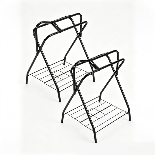 Garvee Heavy Duty Collapsible Saddle Rack with Storage Shelf (2-Pack) - Freestanding Steel X-Frame Stand for English & Western Saddles, Horse Tack, and Blanket Organizer, Matte Black