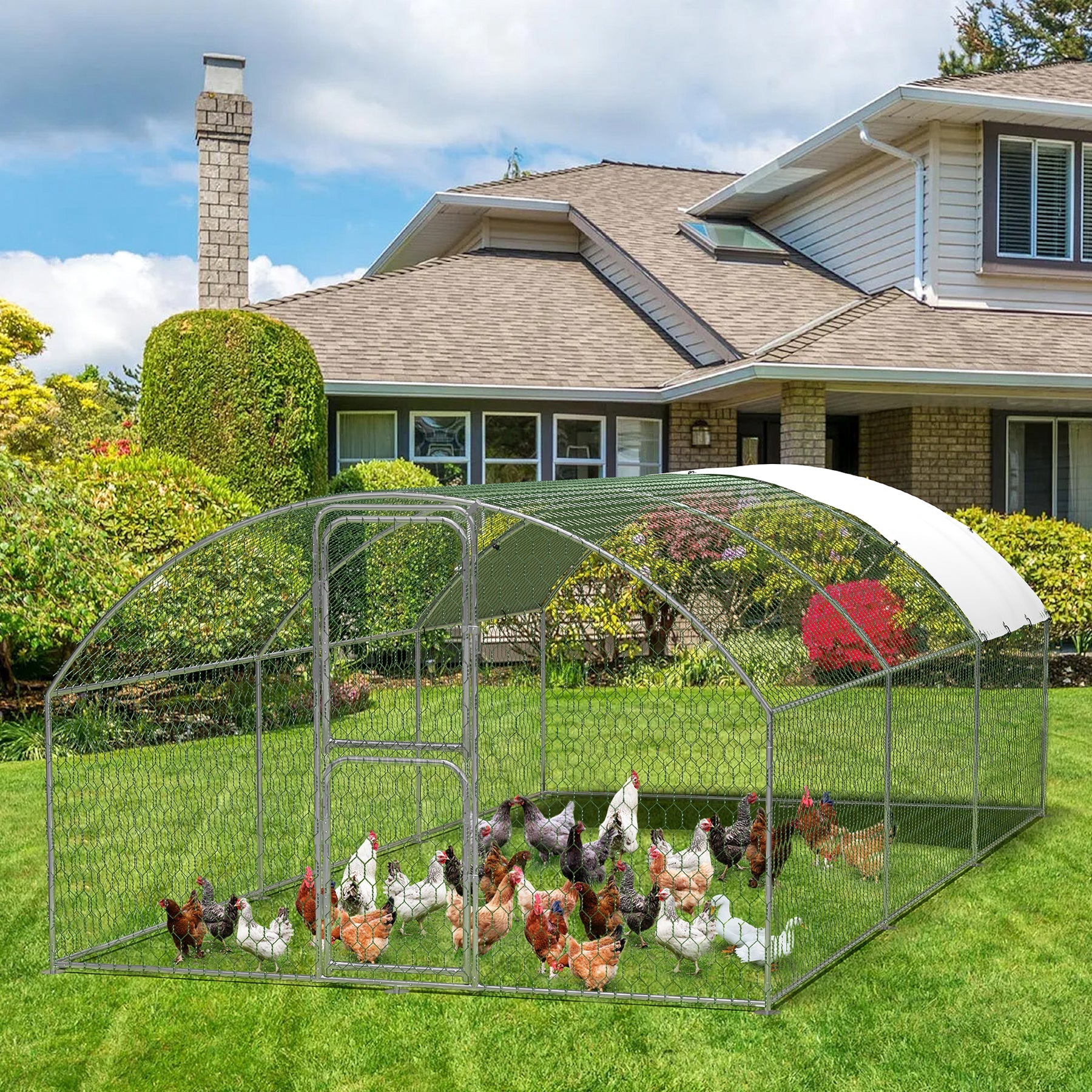 Garvee Heavy Duty Large Metal Chicken Coop - Walk-In Run with Security Lock, Double Doors, Waterproof & UV-Resistant Cover - Outdoor Poultry Cage for Farm & Yard, Size: 9.8' W x 19.7' L x 6.6' H