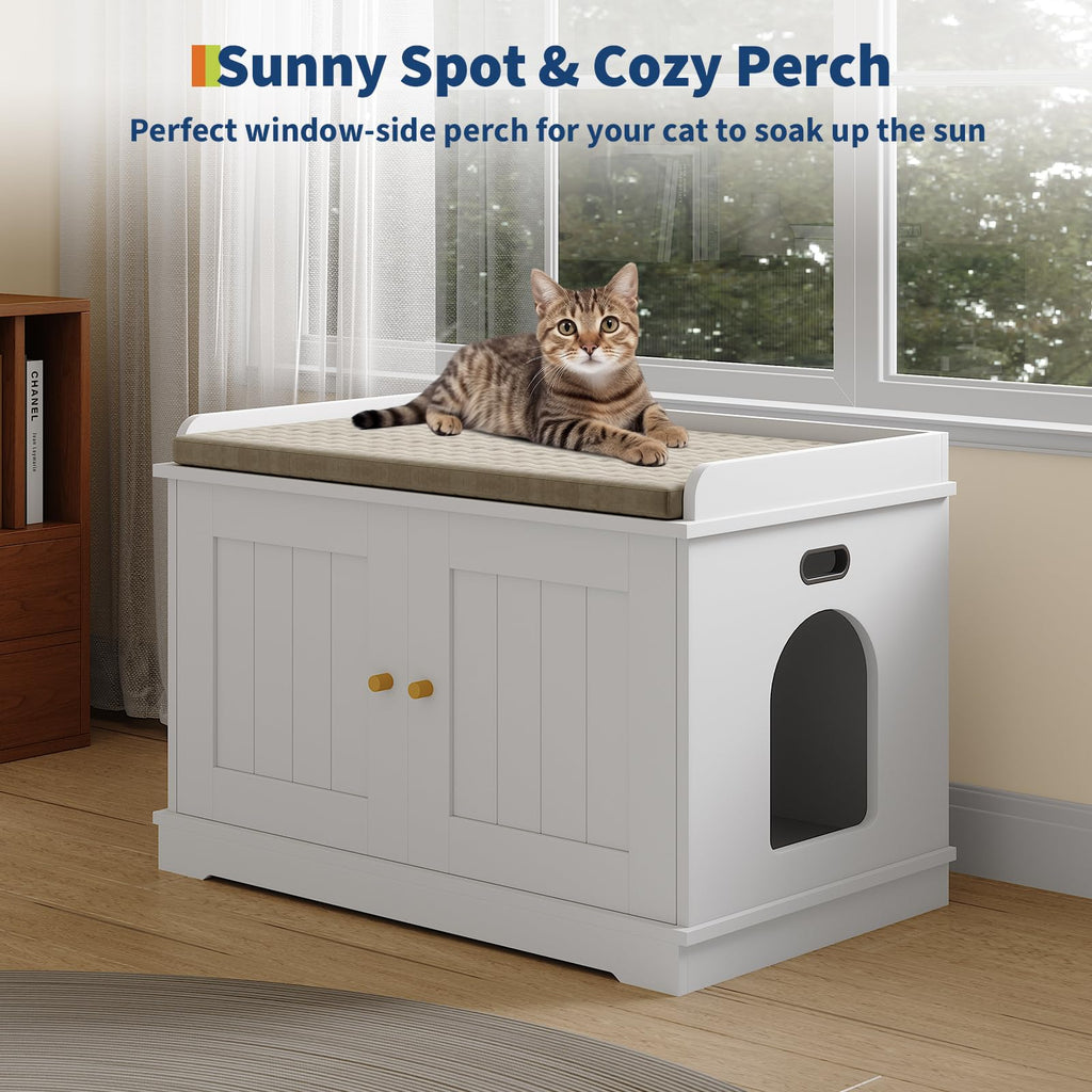 Garvee 31.5" Cat Litter Box Enclosure Furniture with 2 Doors & Display Shelf, Wooden Hidden Cat Cabinet for Living Room, Dog-Proof Design for Multiple Cats, Smooth Surface & Quick Clean-Up, White