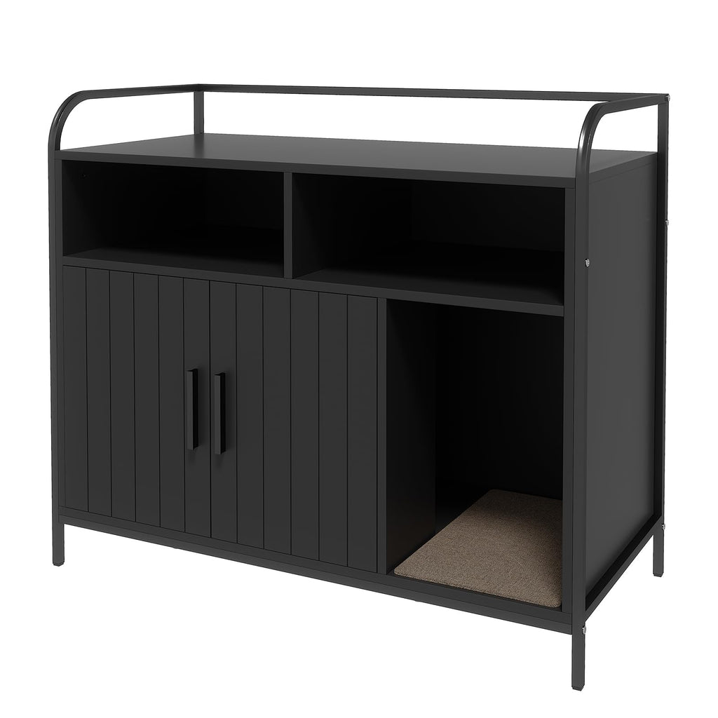 Garvee Cat Litter Box Enclosure, Wooden Cat Washroom Furniture with Barn Door, Storage Shelf and Top Display Shelf, Hidden Litter Box Cover, Dog Proof Feline Litter Boxes, Kitty House, Fits Most Litter Boxes, Black