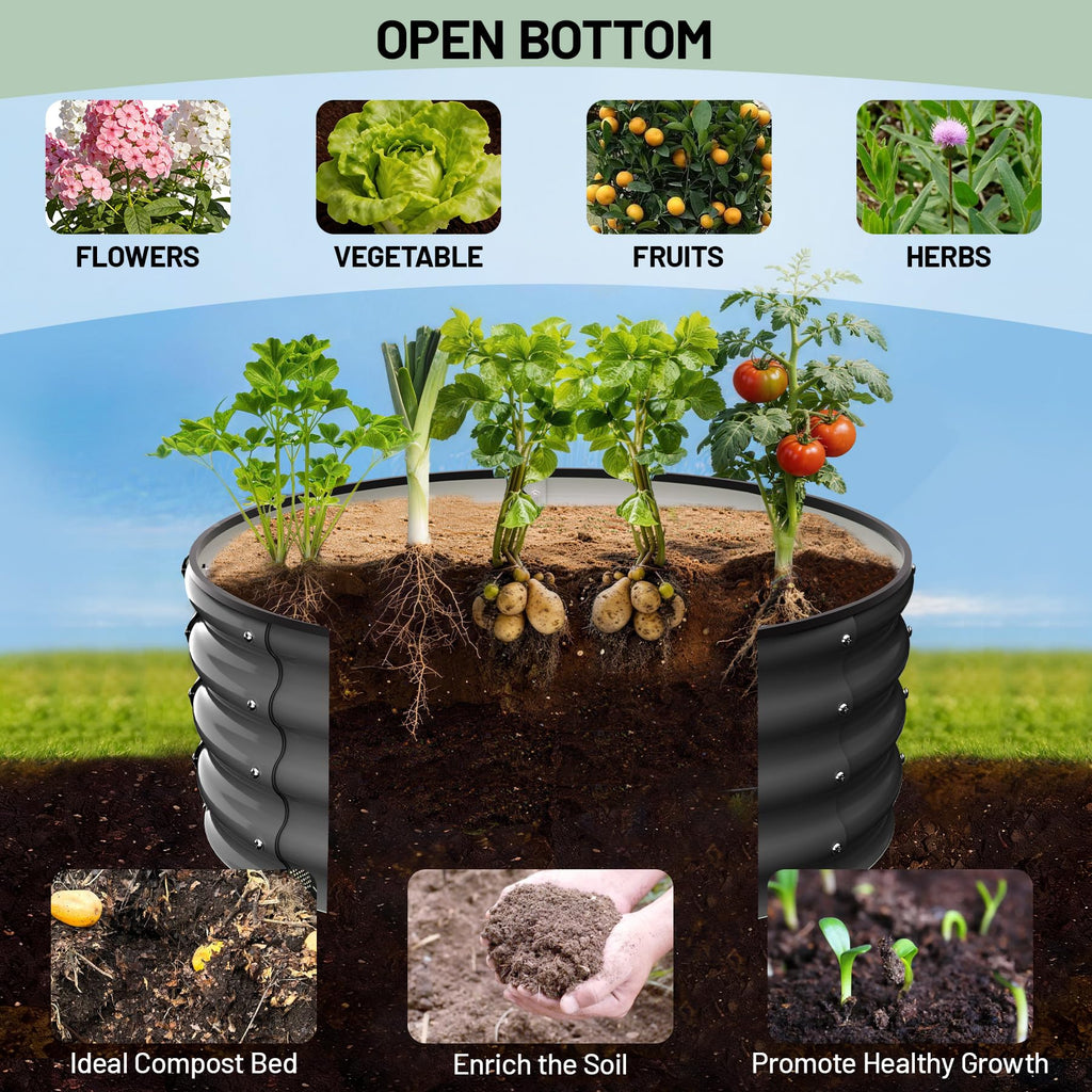 Garvee Round Galvanized Raised Garden Bed 2x2x1FT Heavy Duty Steel Open Bottom Anti-Rust Wave Shape Safe Corners Outdoor Gardening