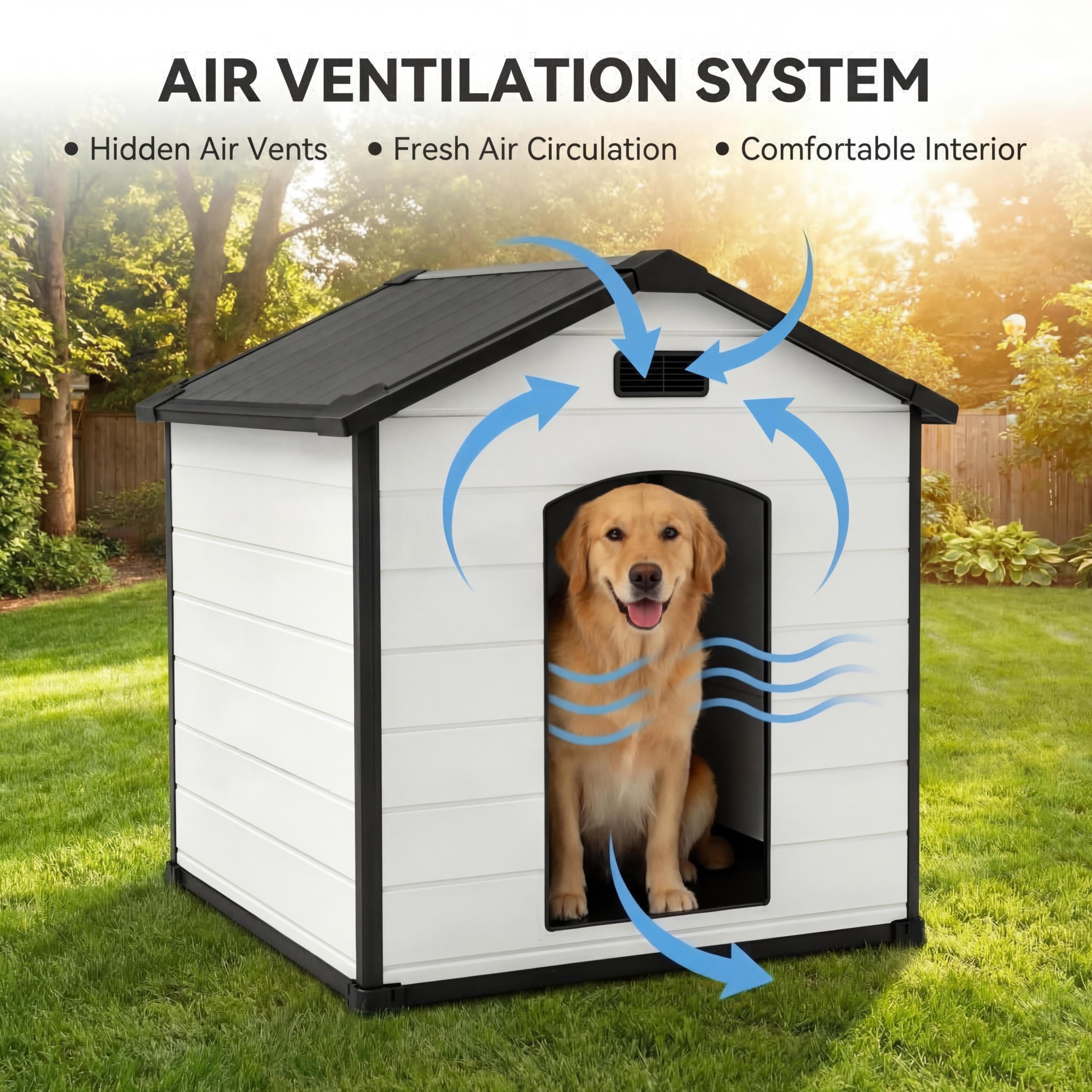 Garvee XLarge Dog House Indoor Outdoor Waterproof, 57" Heavy Duty Plastic Large Breed Dog Kennel with Raised Floor, Removable Roof & Air Vent for Small to XL Dogs, Easy Assembly
