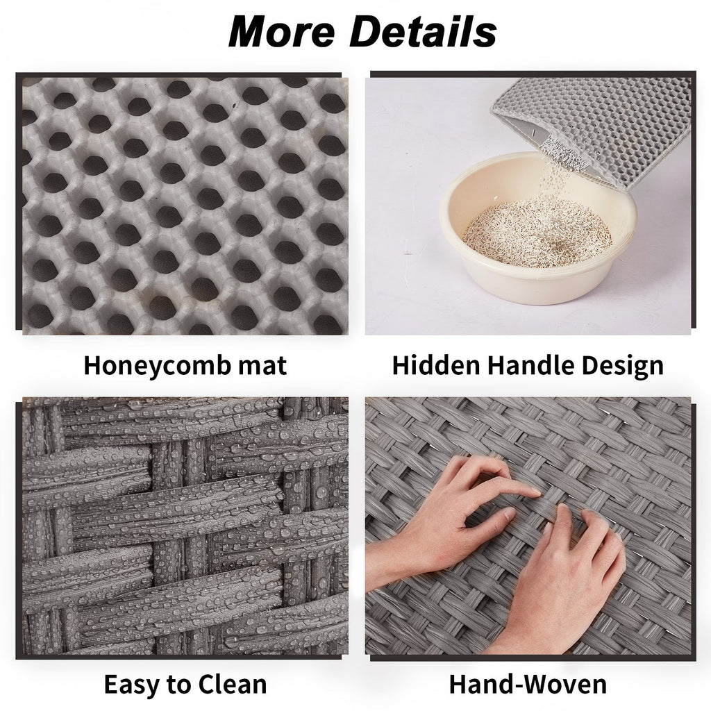 Garvee Handwoven Rattan Cat Litter Box Cabinet – Large Covered Enclosure with Removable Mat and Fence – Stylish Hidden Litter Furniture for Living Room or Apartment, Easy Assembly – Grey