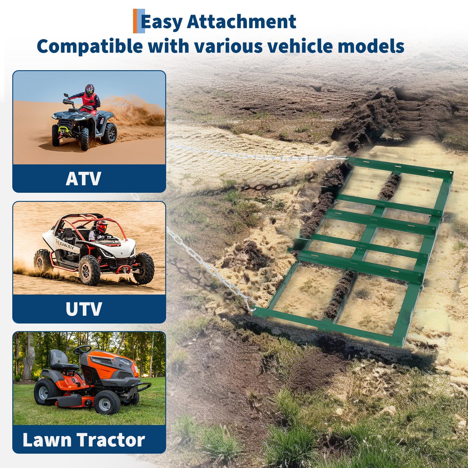 Garvee Heavy Duty 4FT Drag Harrow for ATV/UTV/Tractor/Mower – Adjustable Bars & 72in Chain – Professional Driveway Grader & Landscape Rake – Ideal for Lawn and Yard Leveling, Green