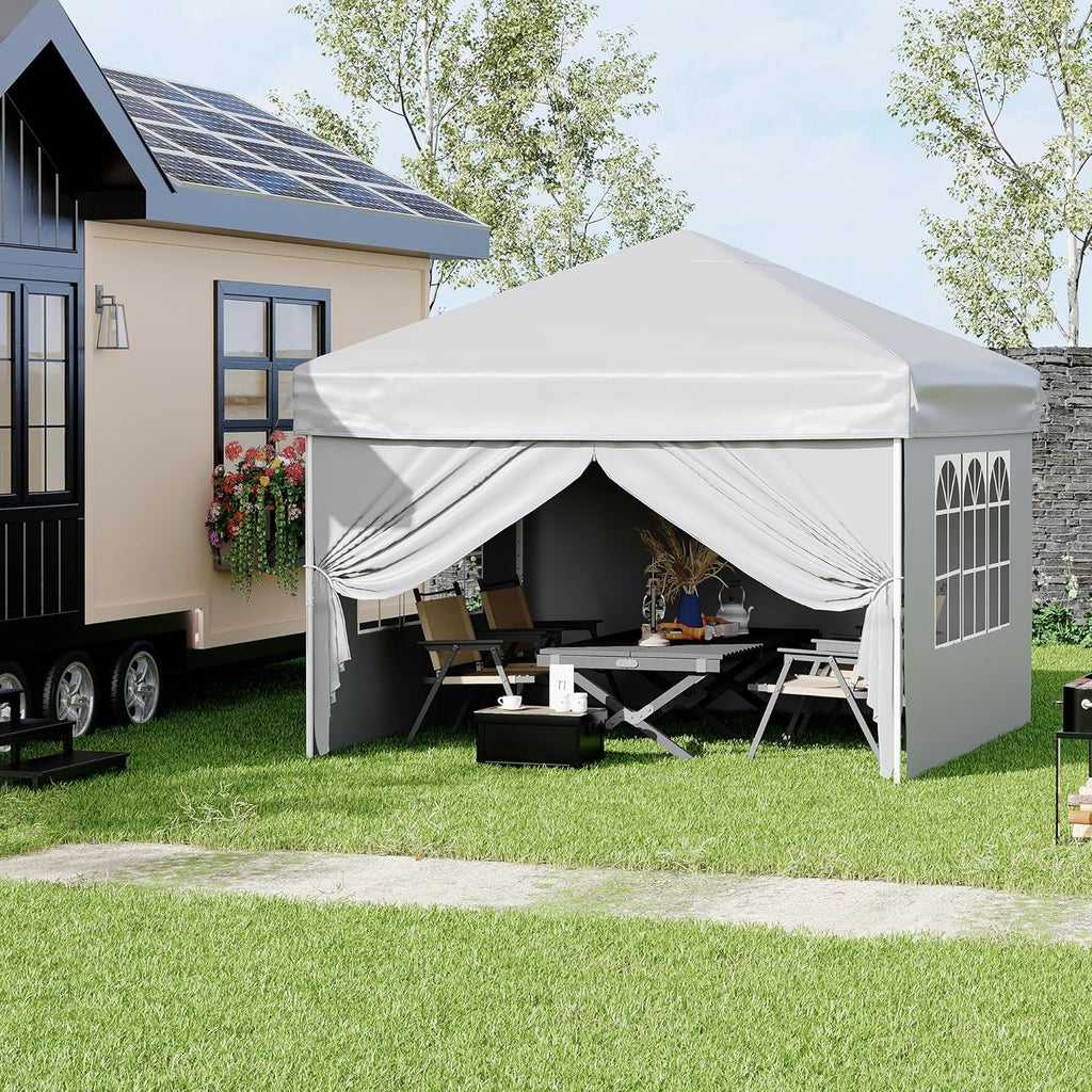Garvee 10' × 10' Pop Up Canopy Tent with 4 Removable Sidewalls, UPF 50+ Outdoor Shelter with 3 Height Settings, Steel Frame, Carry Bag, Stakes, Ropes and Sandbags, White