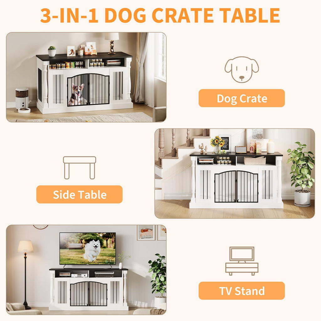 Garvee Roman Column 63 Inch Large Dog Crate Furniture for 2 Dogs with Open Storage, Heavy Duty Dog Kennel Entertainment Table TV Stand for Small and Medium Dogs, Black Table Top