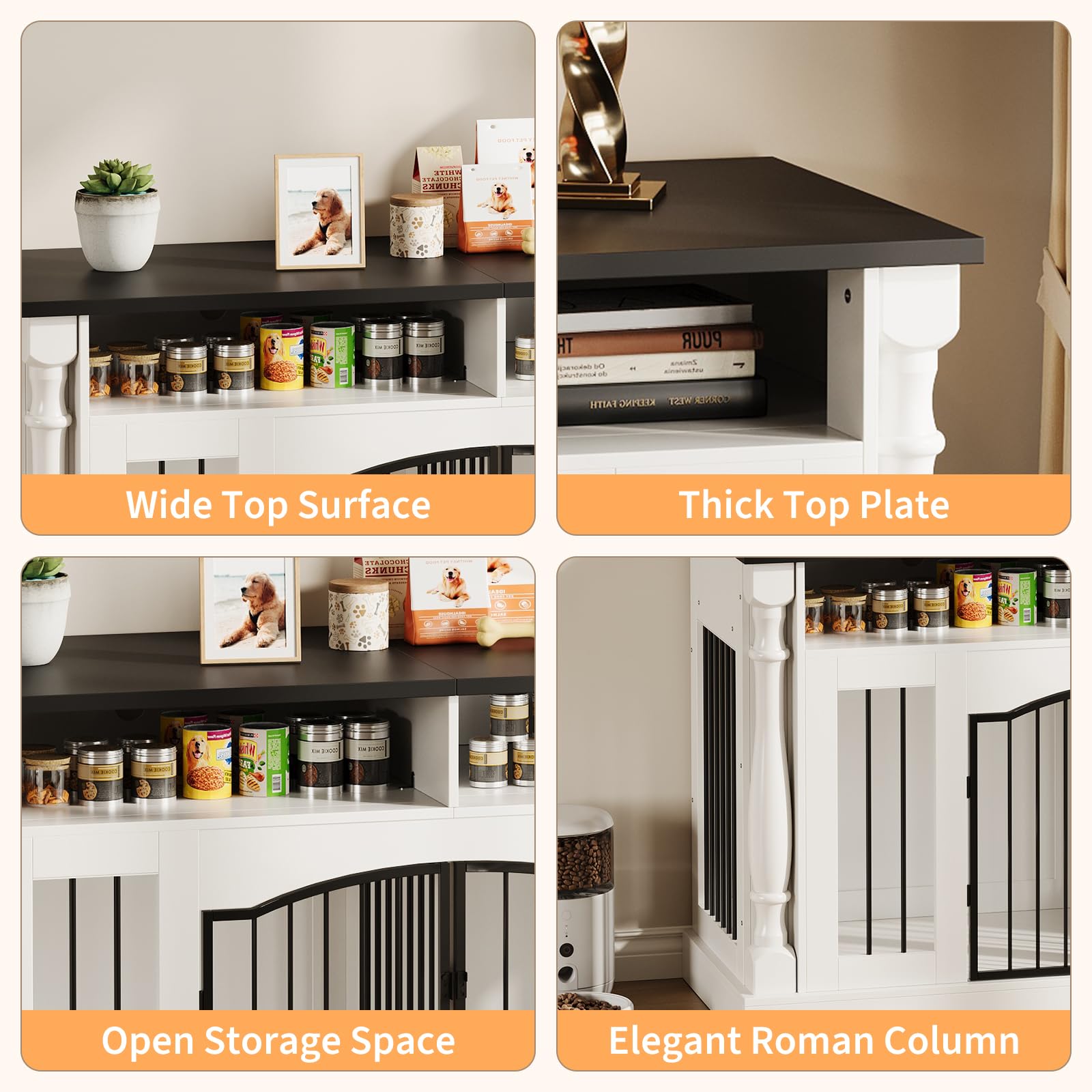 Garvee Roman Column 63 Inch Large Dog Crate Furniture for 2 Dogs with Open Storage, Heavy Duty Dog Kennel Entertainment Table TV Stand for Small and Medium Dogs, Black Table Top